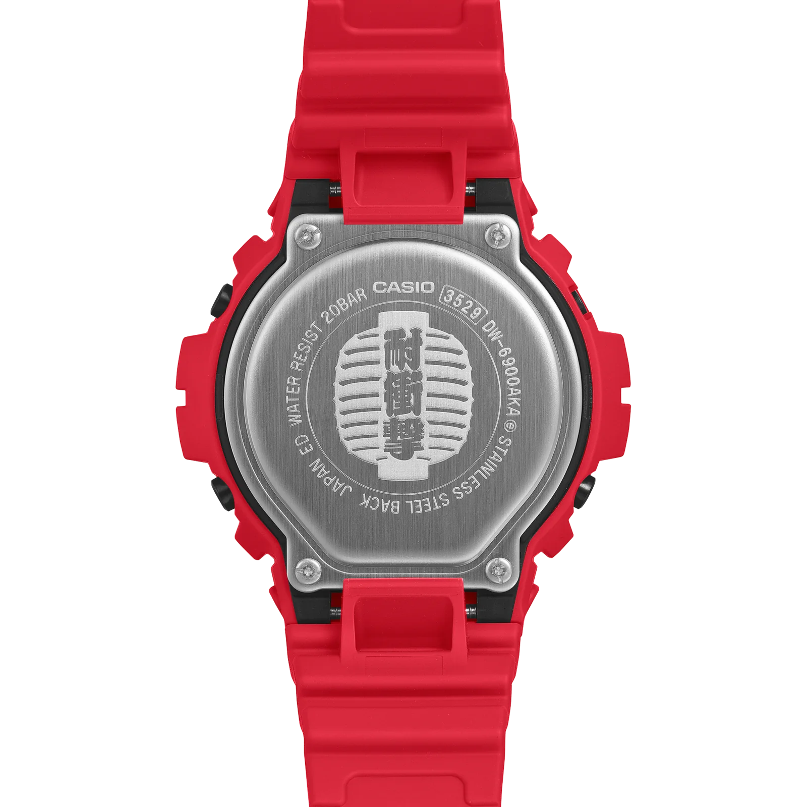 Auf der Gehäuserückseite der Armbanduhr DW-6900AKA-4ER ist eine Papierlaterne mit den Kanji-Zeichen eingraviert