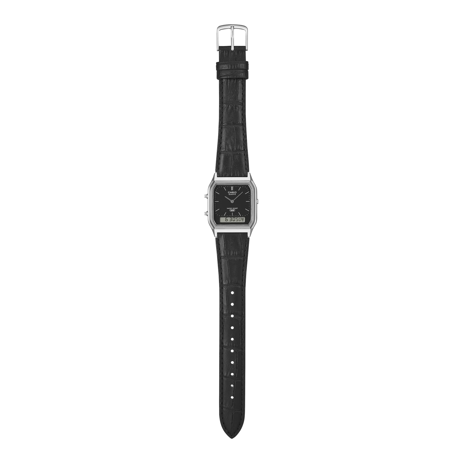 Gesamtansicht der AQ-230EL-1AEF mit geöffnetem Lederarmband