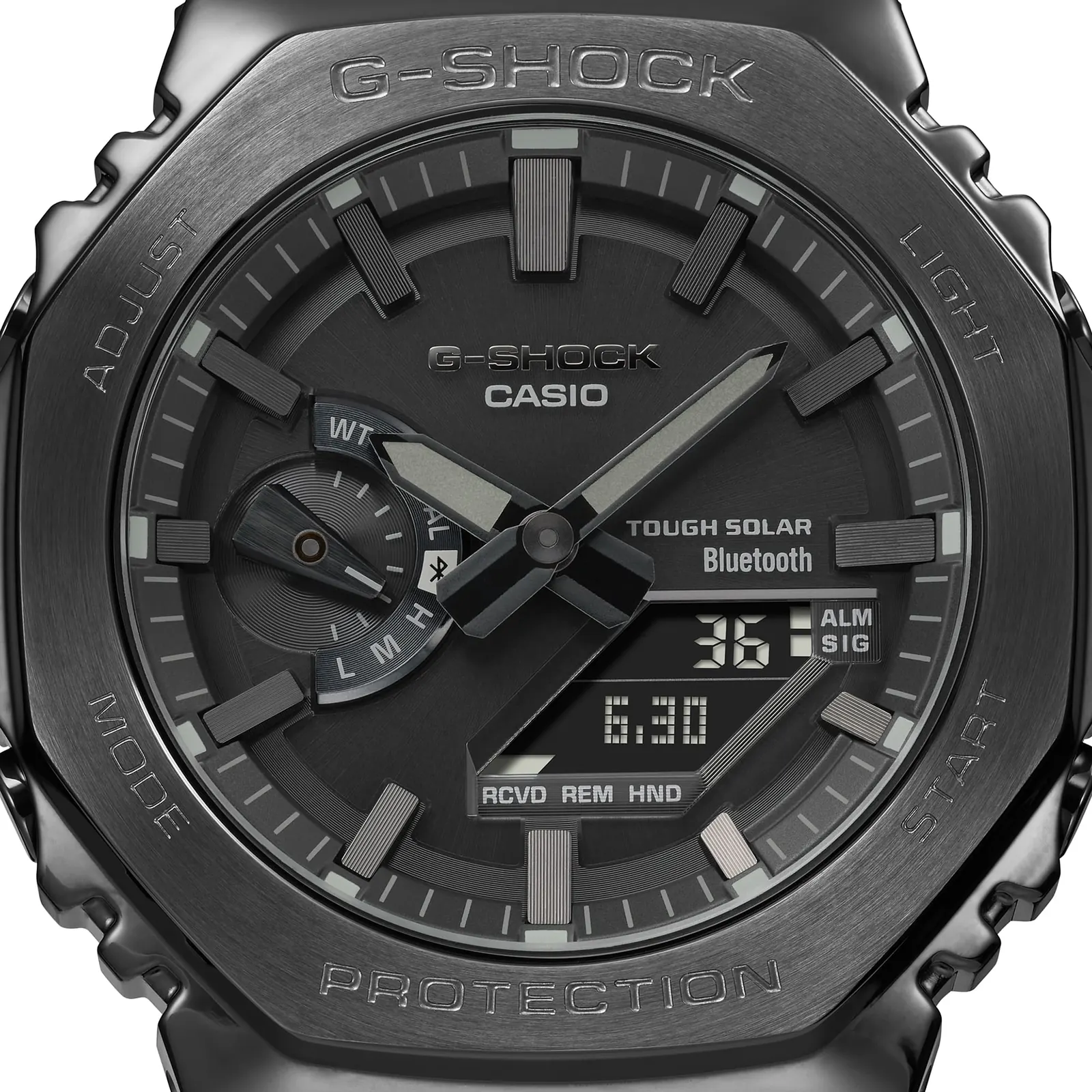 Nahaufnahme des digital-analogen Zifferblatts der G-SHOCK Armbanduhr GM-B2100BD-1A in Dunkelgrau mit Details.