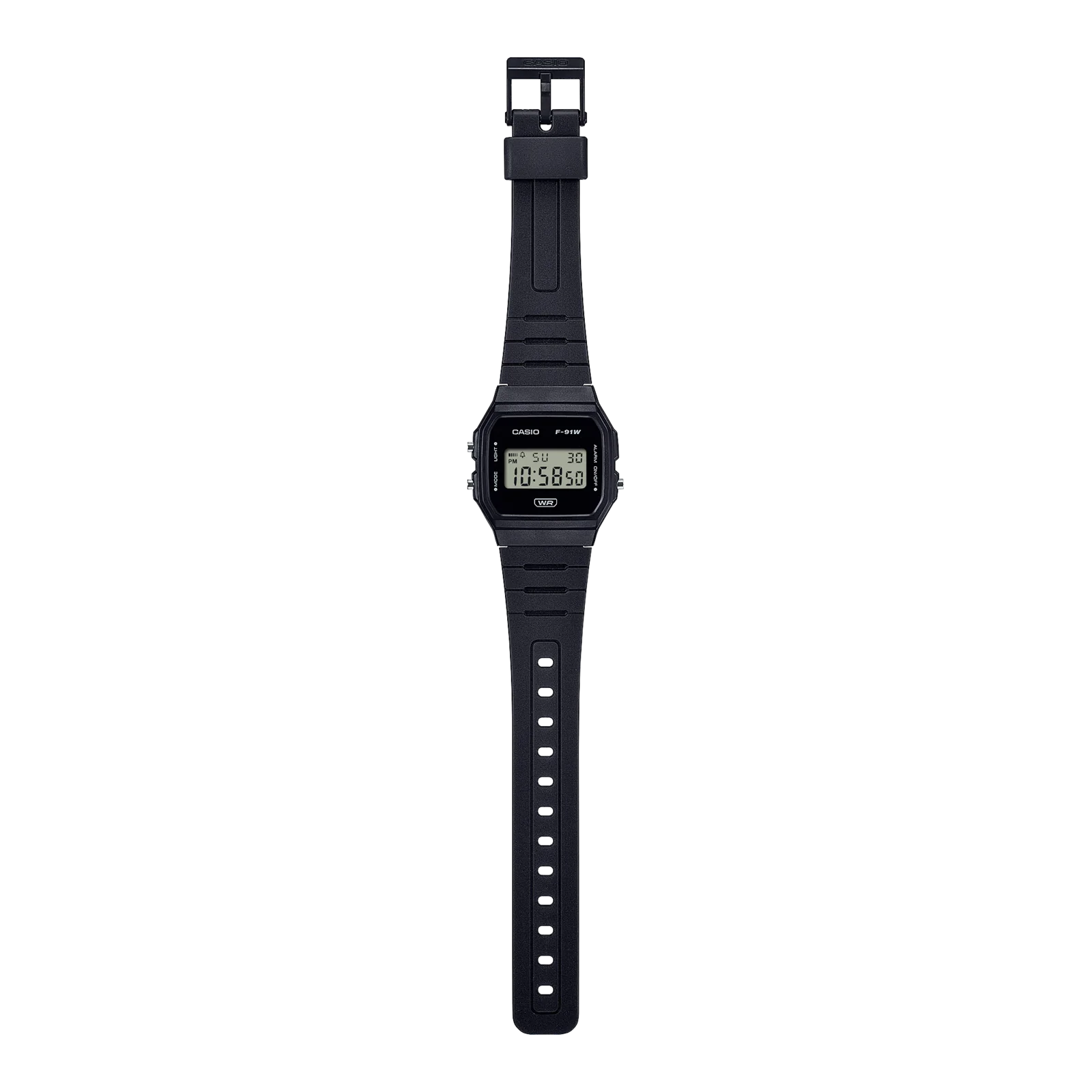 Komplettansicht der flach liegenden CASIO TIMELESS COLLECTION Armbanduhr F-91WB-1A.