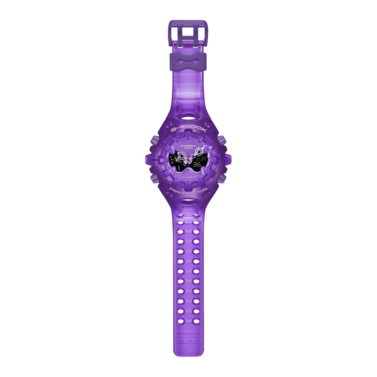 Gesamtansicht der violetten GA-V01SKE-6AER mit geöffnetem, zweireihigem Loch-Armband