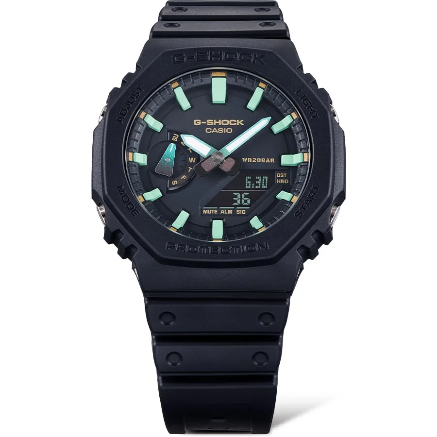 Gehäuse und Armband der G-SHOCK Armbanduhr GA-2100RC-1A direkt von vorn.