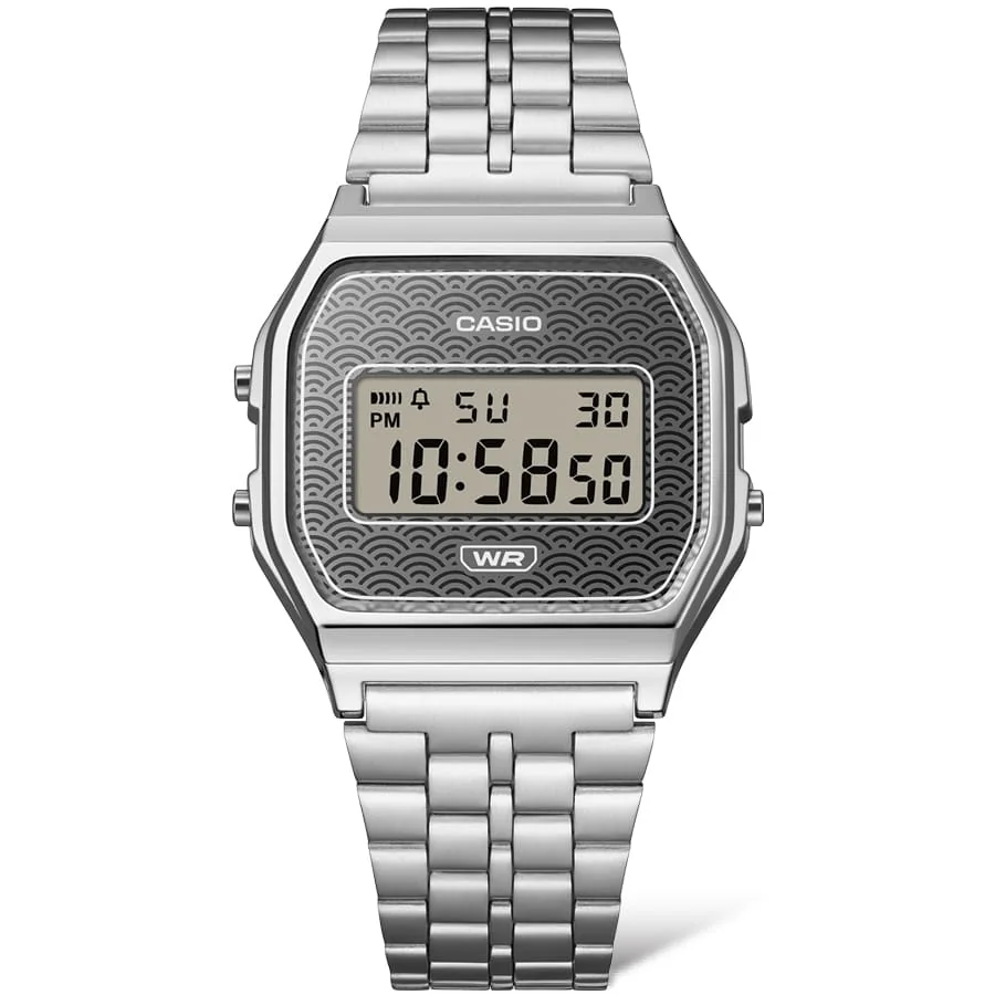 Auf dem Zifferblatt der Digitaluhr A159WEVJ-7ER ist eine neue Interpretation des traditionellen Seigaiha-Musters zu sehen