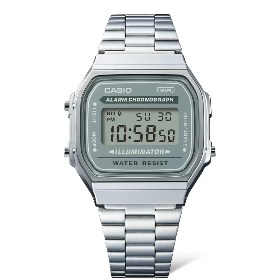 Die CASIO VINTAGE COLLECTION Armbanduhr A168WA-3AY mit digitalem Zifferblatt in Grün und einem Armband aus Edelstahl.