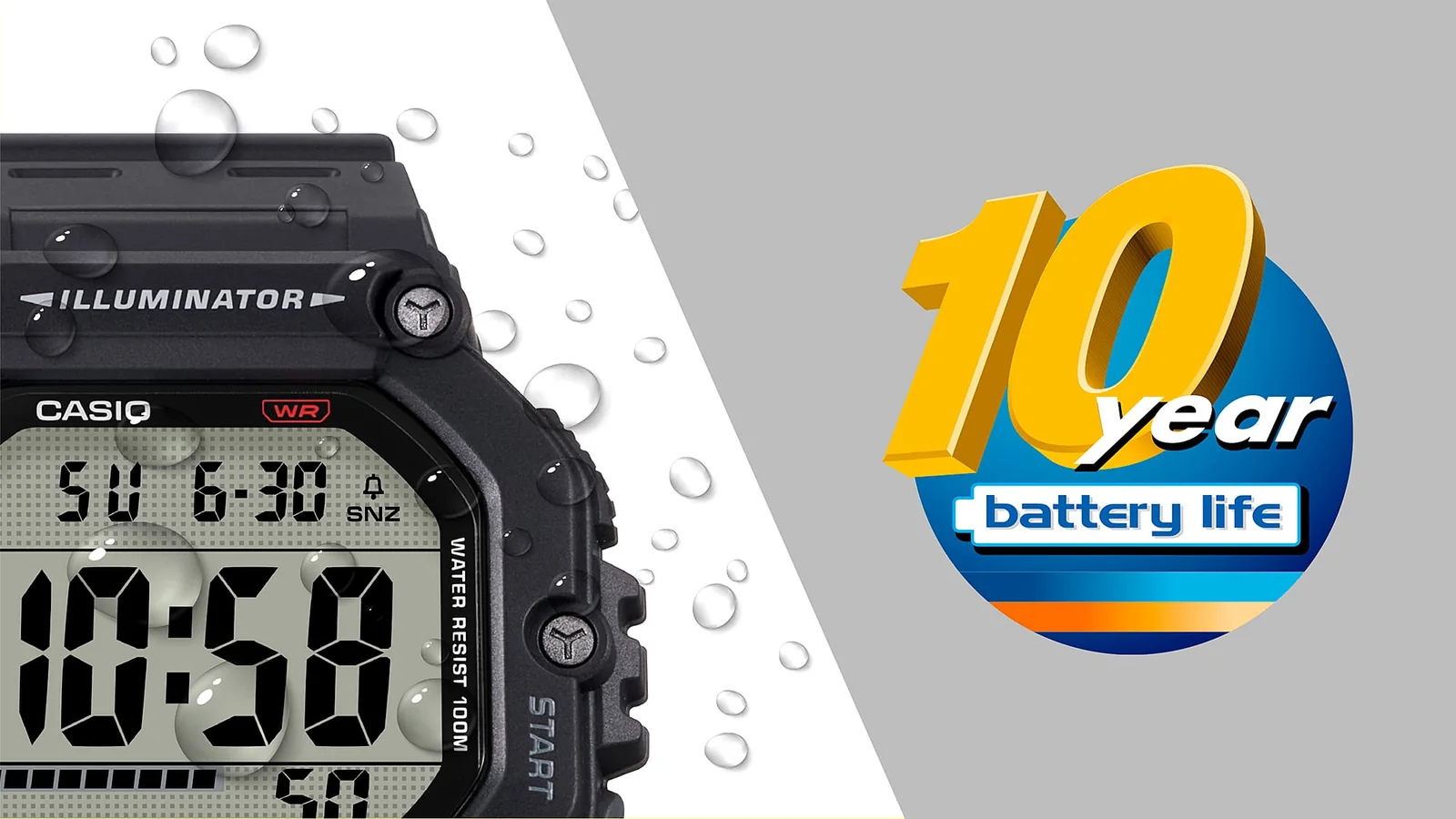 AE-1600H-1AV Digitaluhr auf der linken Seite mit Wassertropfen, rechts ist ein Icon mit dem Schriftzug "10 year battery life"