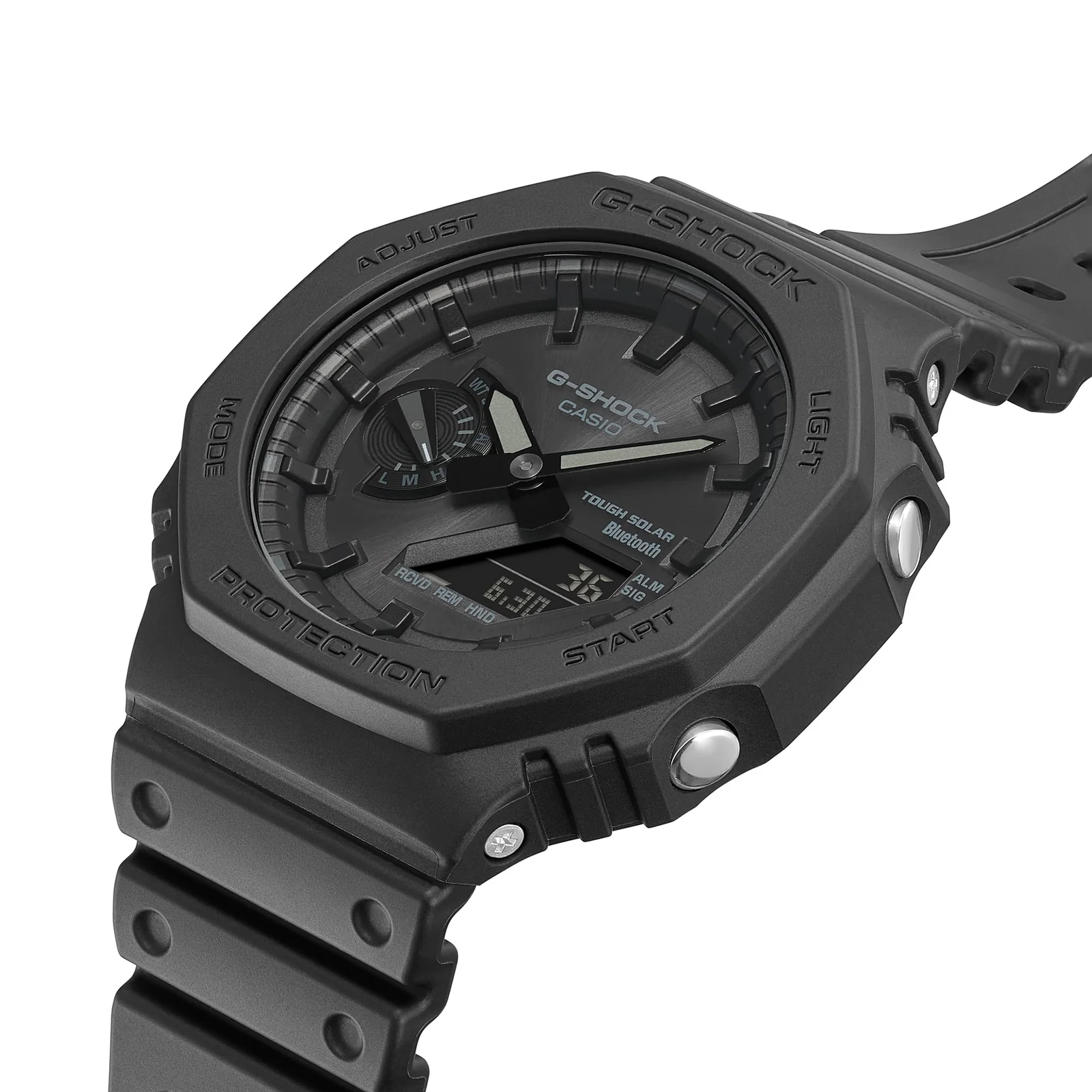 Die seitliche Nahaufnahme der G-SHOCK Armbanduhr GA-B2100-1A1 zeigt die silberfarbenen Bedienknöpfe rechts außen am Gehäuse.