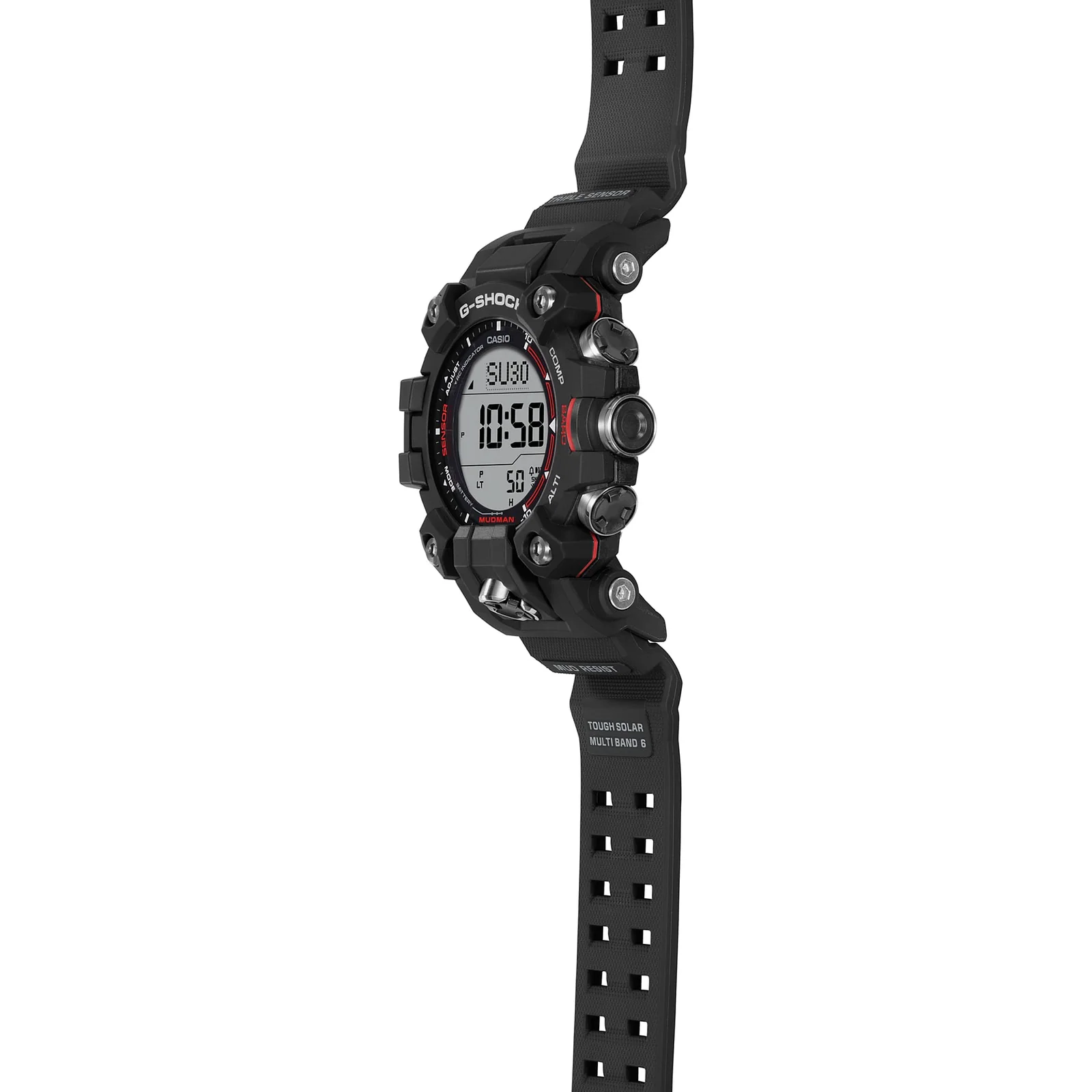 Die seitliche Ansicht der G-SHOCK Armbanduhr GW-9500-1 zeigt die silberfarbenen Bedienknöpfe vorn und rechts außen am Gehäuse.