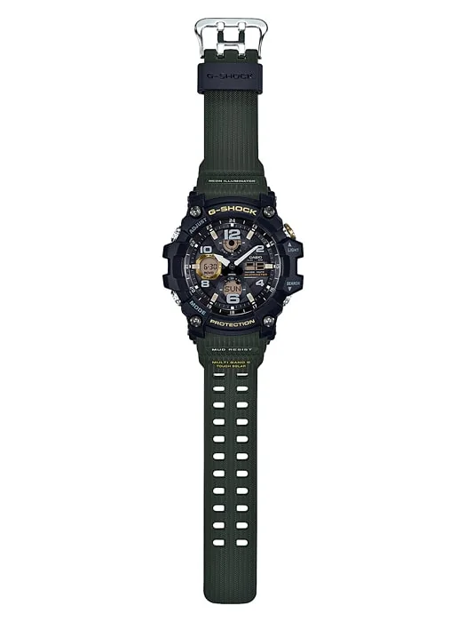 Komplettansicht der flach liegenden G-SHOCK Armbanduhr GWG-100-1A3.