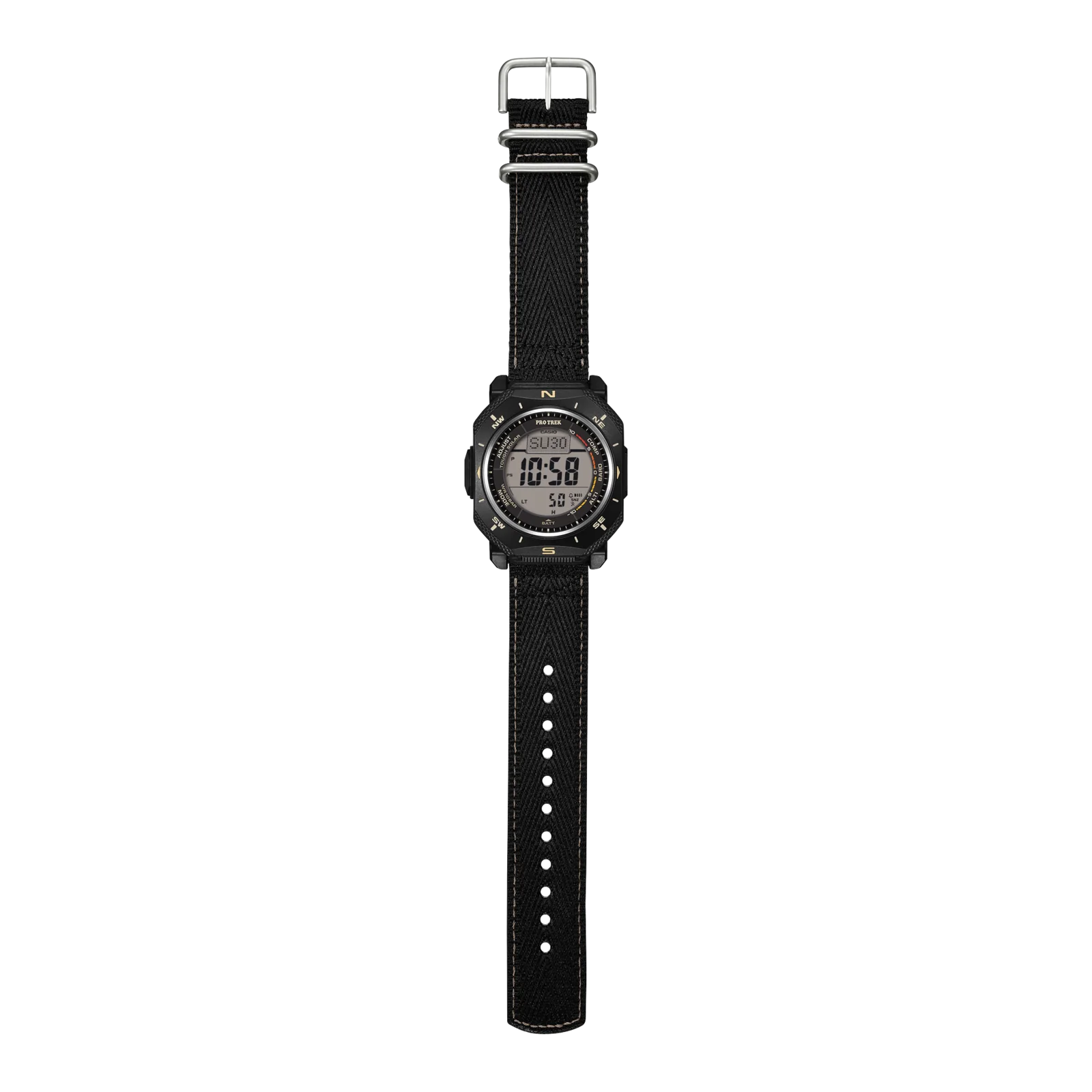 Gesamtansicht der PRO TREK PRG-69B-1ER mit geöffnetem Stoffarmband und silberner Schließe und Bandhalter