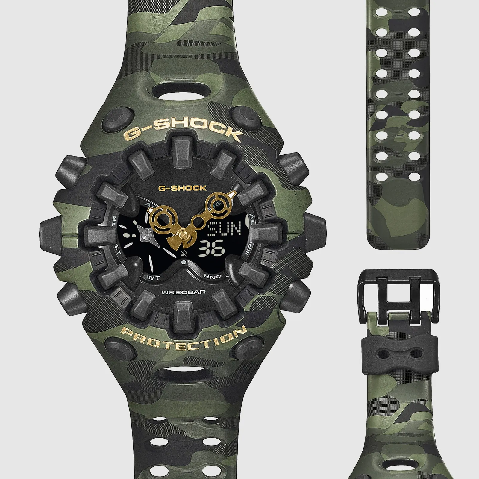 Hervorgehobene Indizes und seitliche Knöpfe prägen das markante Design der G-SHOCK GA-V01CMG-3AER