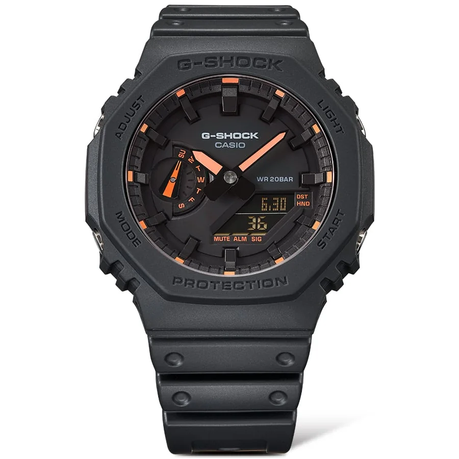 Gehäuse und Armband der G-SHOCK Armbanduhr GA-2100-1A4 direkt von vorn.
