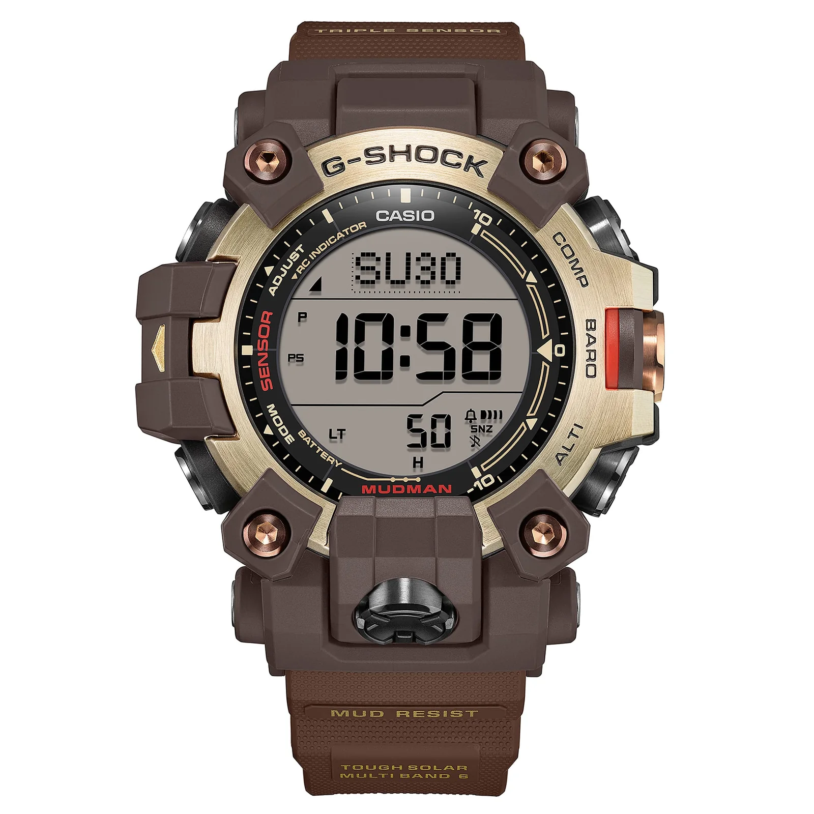 Das runde, digitale Zifferblatt der Armbanduhr GW-9500MH-5ER ist von einer goldenen Lünette umrandet