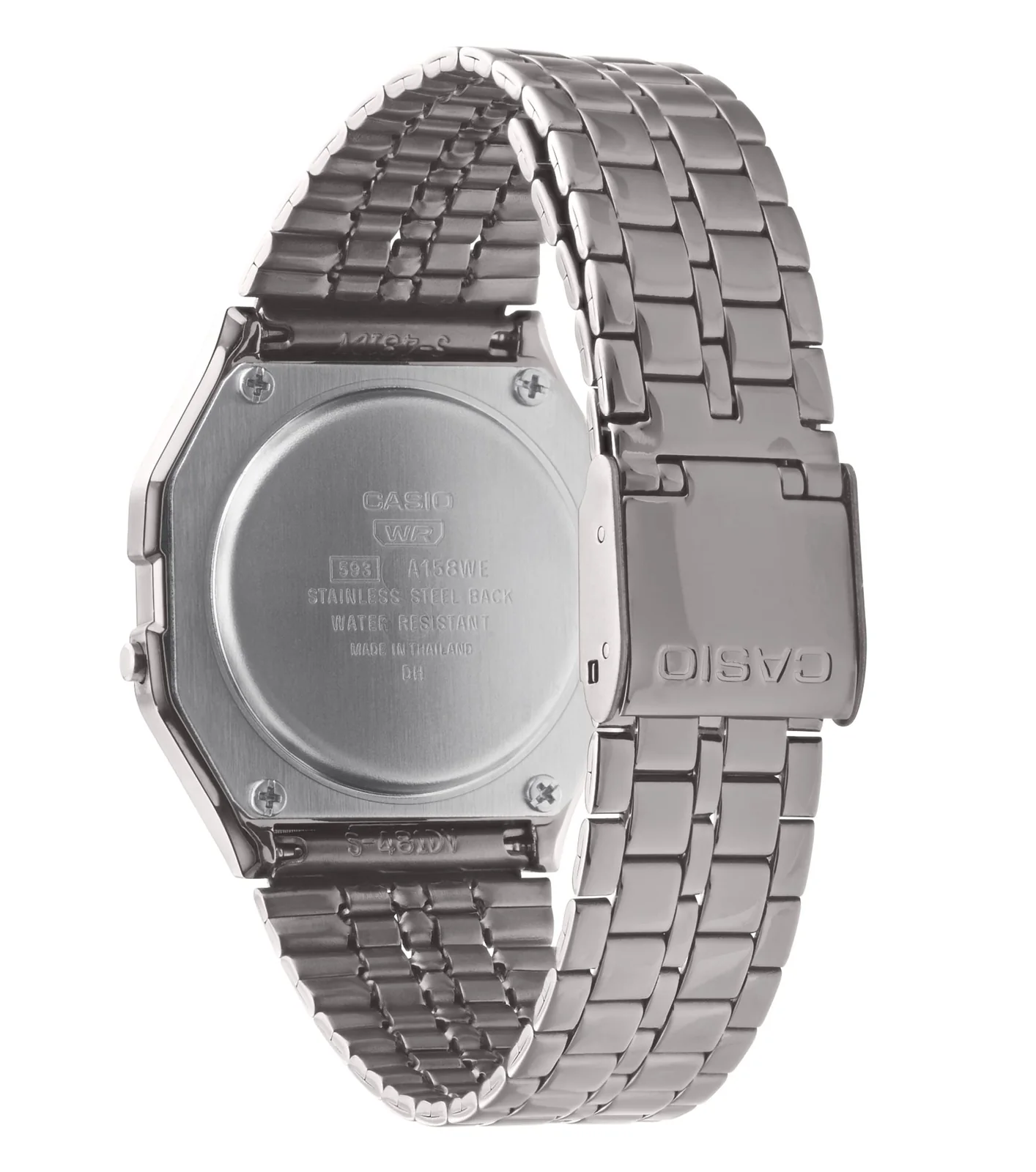 Rückansicht der CASIO VINTAGE COLLECTION Digitaluhr A158WETB-1A mit CASIO Logo auf der Schließe