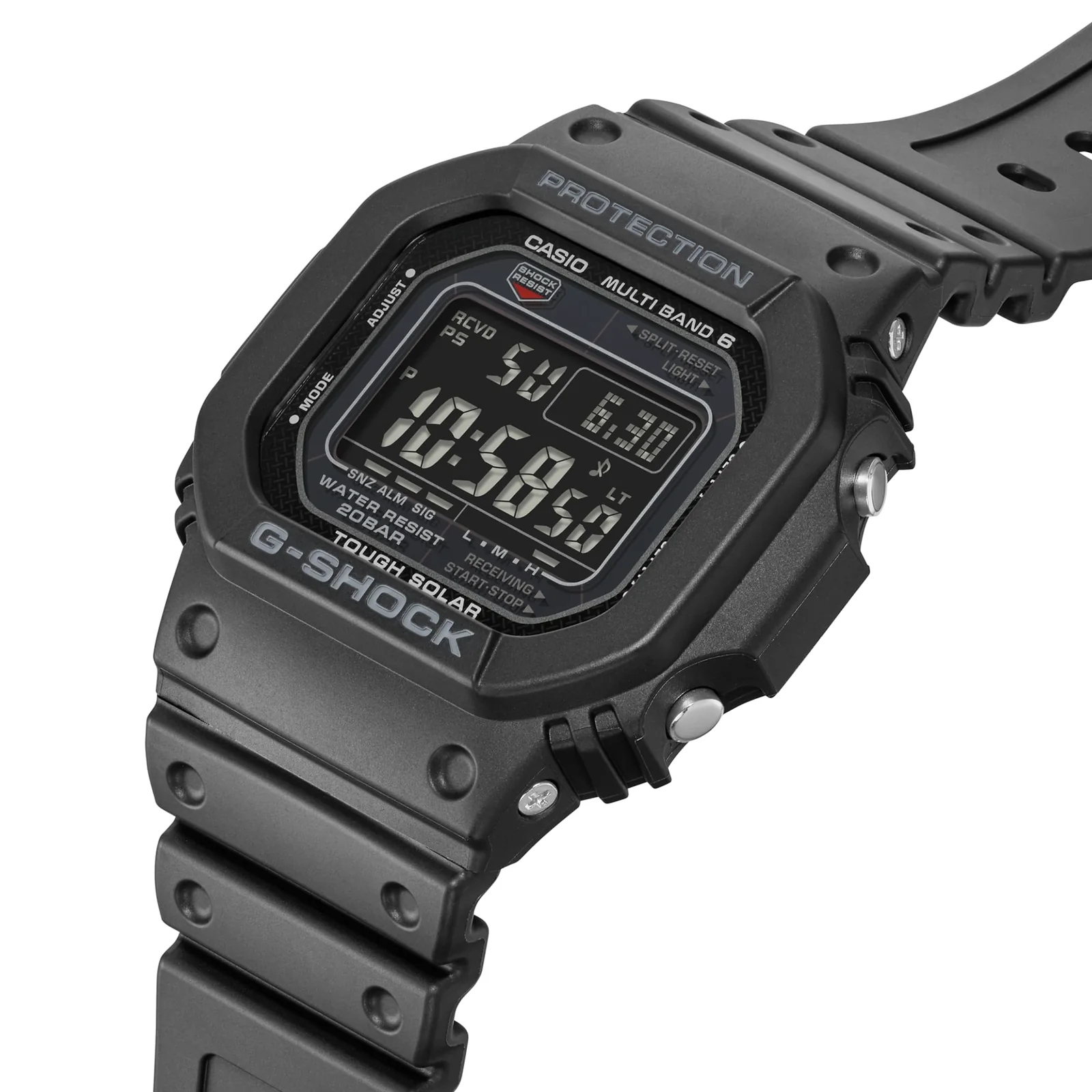 Die seitliche Nahaufnahme der G-SHOCK Armbanduhr GW-M5610U-1B zeigt die silberfarbenen Bedienknöpfe rechts außen am Gehäuse.