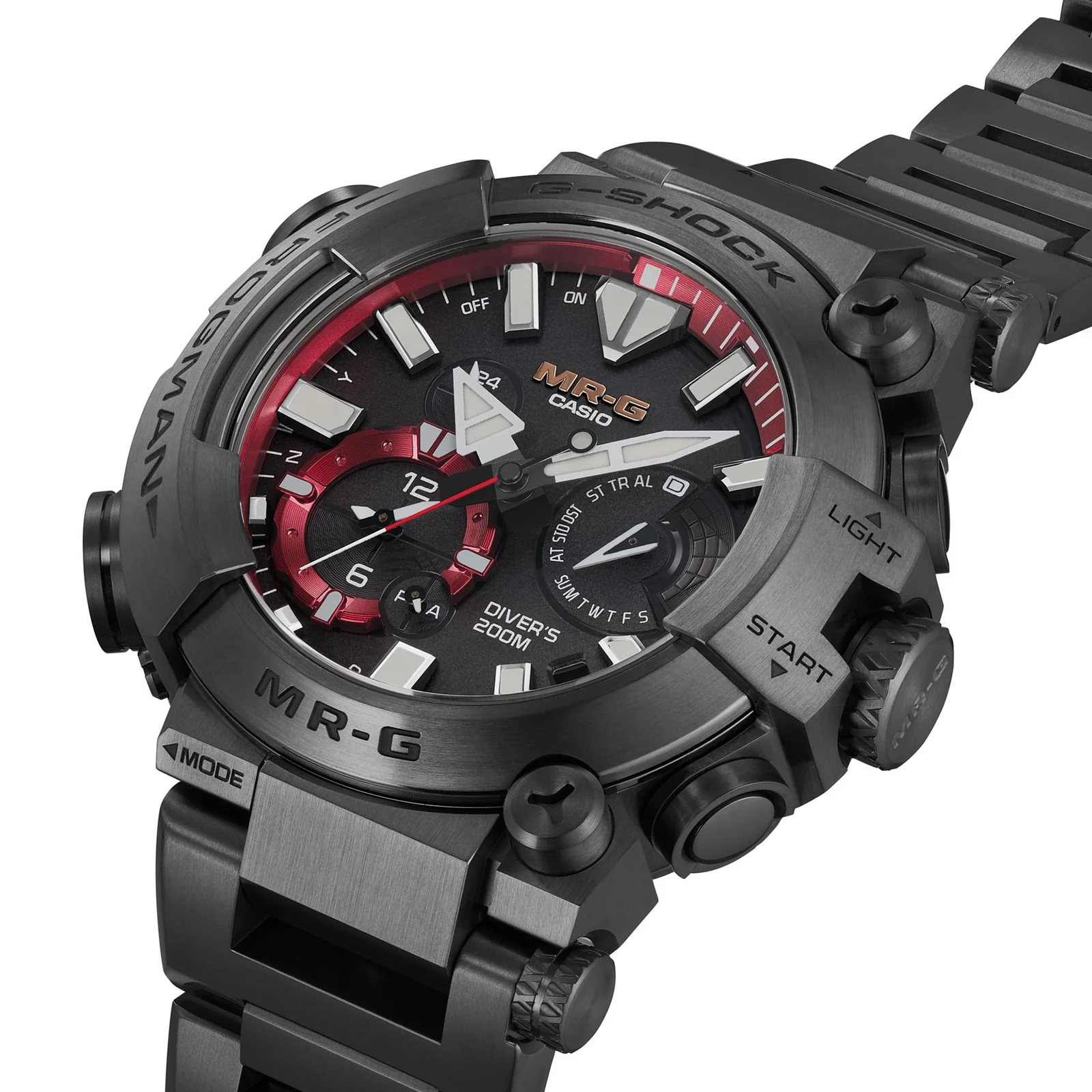 Die seitliche Ansicht der G-SHOCK Armbanduhr MRG-BF1000B-1A zeigt die stabile Verbindung des Armbands zum Gehäuse und die Bedientasten rechts außen am Gehäuse.