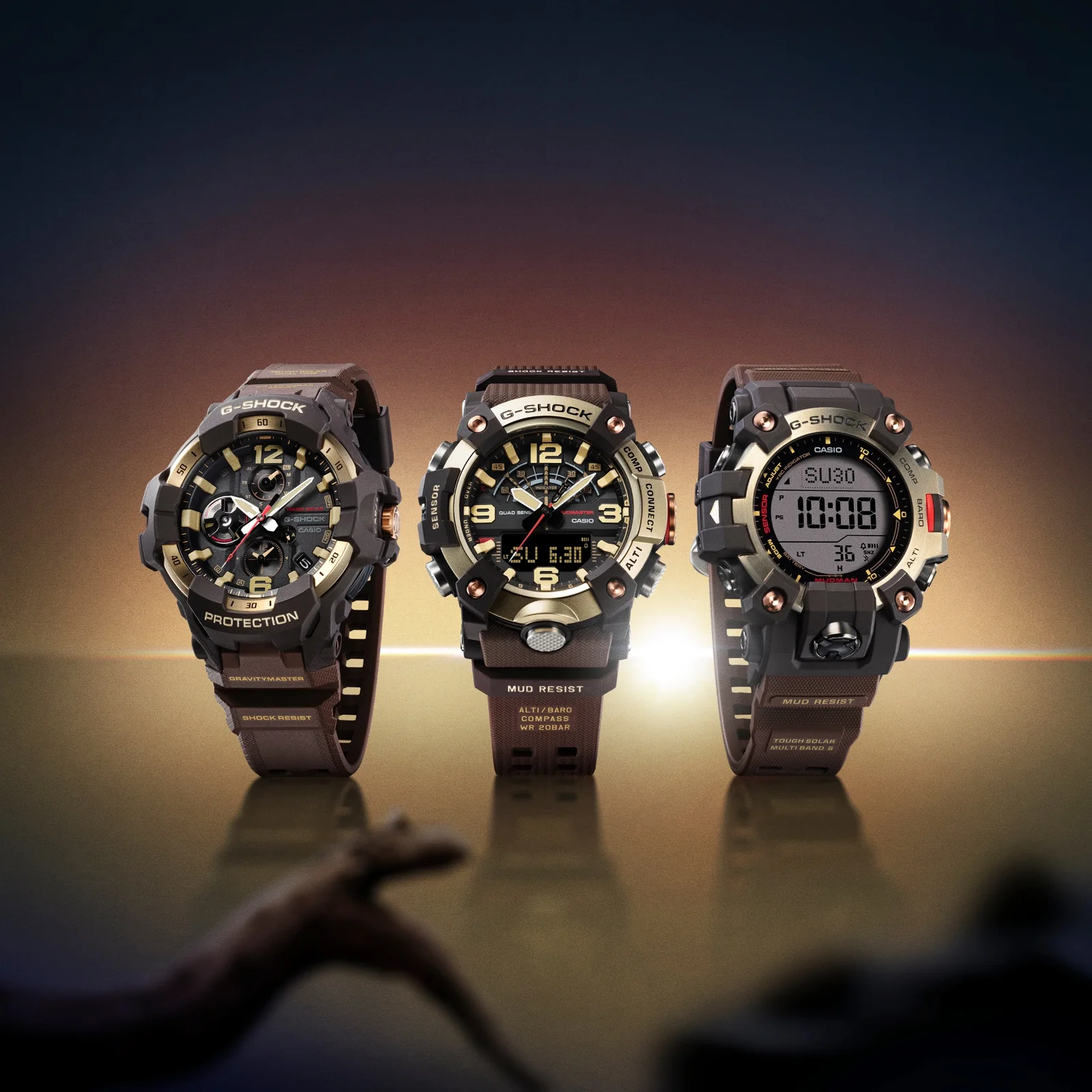 Die drei Modelle GR-B300H-5A, GG-B100XMH-5A und GW-9500MH-5 der MASTER OF G Serie nebeneinander