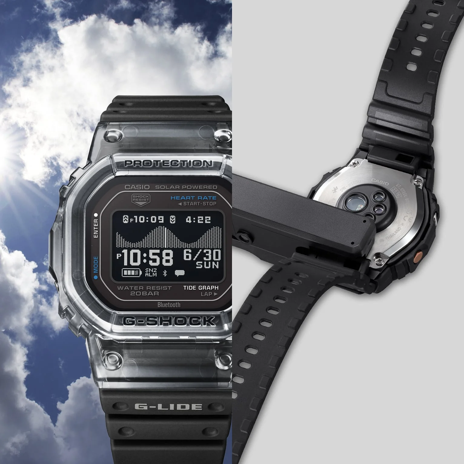 Zweigeteiltes Bild indem links die Vorderseite der G-SHOCK GBX-H5600-1ER vor blauem Himmel mit Sonne zu sehen ist und rechts die Rückseite mit angeschlossenem Ladekabel zu sehen　 * Das Bild rechts zeigt die DW-H5600.