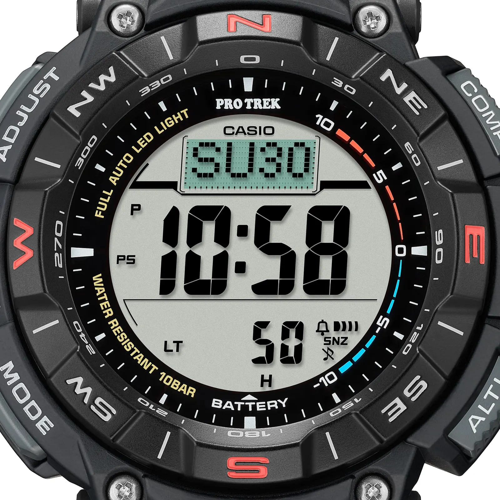 Nahaufnahme des digitalen Zifferblatts der PRO TREK Armbanduhr PRG-340-1 umrandet in Schwarz mit Akzenten in Weiß, Gelb, Rot und Blau sowie einer schwarzen Kompasslünette mit acht Angaben in Weiß und Rot.