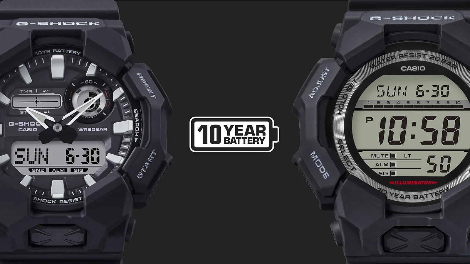 GD-010-1A1 Armbanduhr neben der GA-010-1A1 Armbanduhr, dazwischen ist ein Icon "10 year battery" abgebildet.