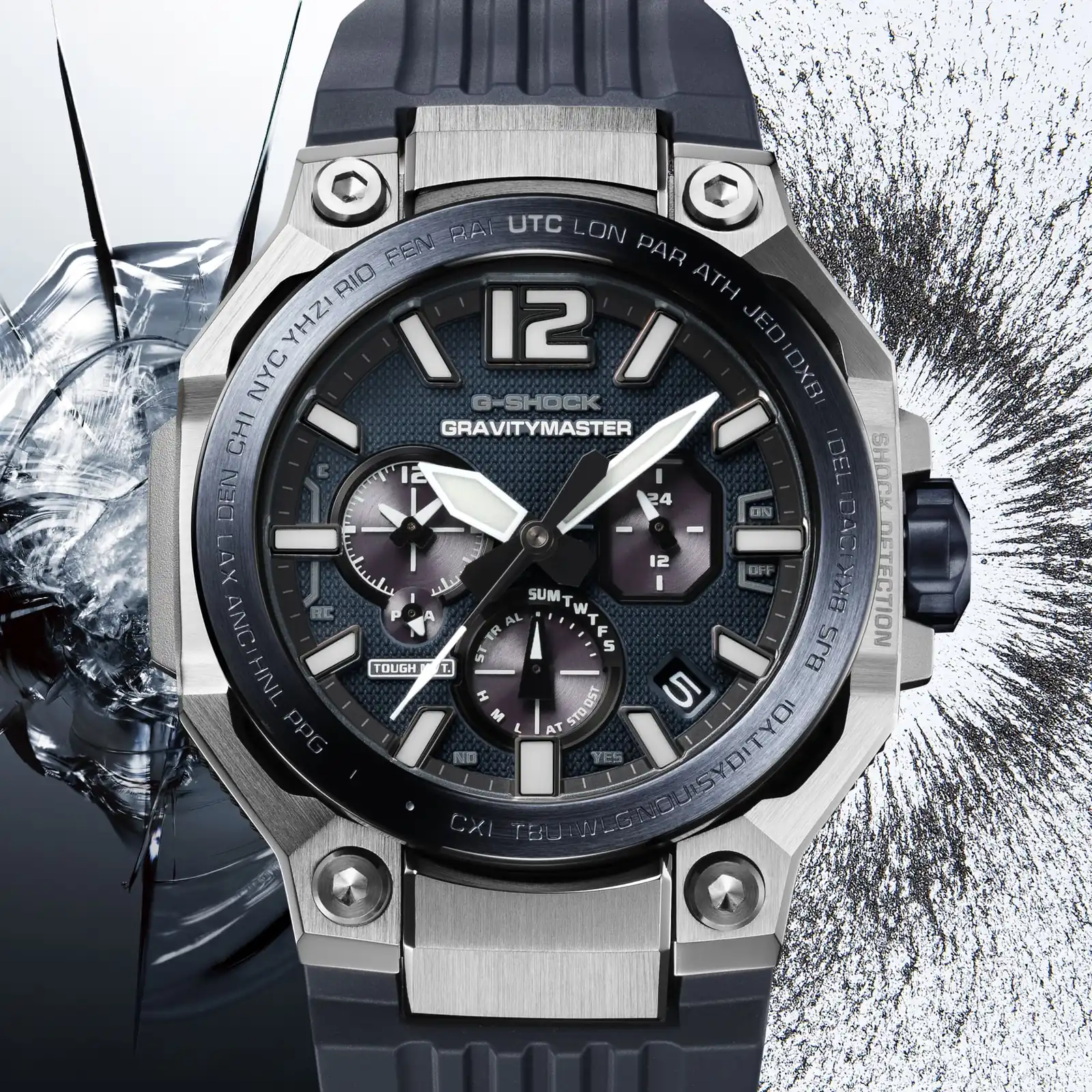 Das silberne Gehäuse der Armbanduhr GWR-B3000A-2AER fasst einen blauen Ring um das ebenfalls blaue Zifferblatt ein