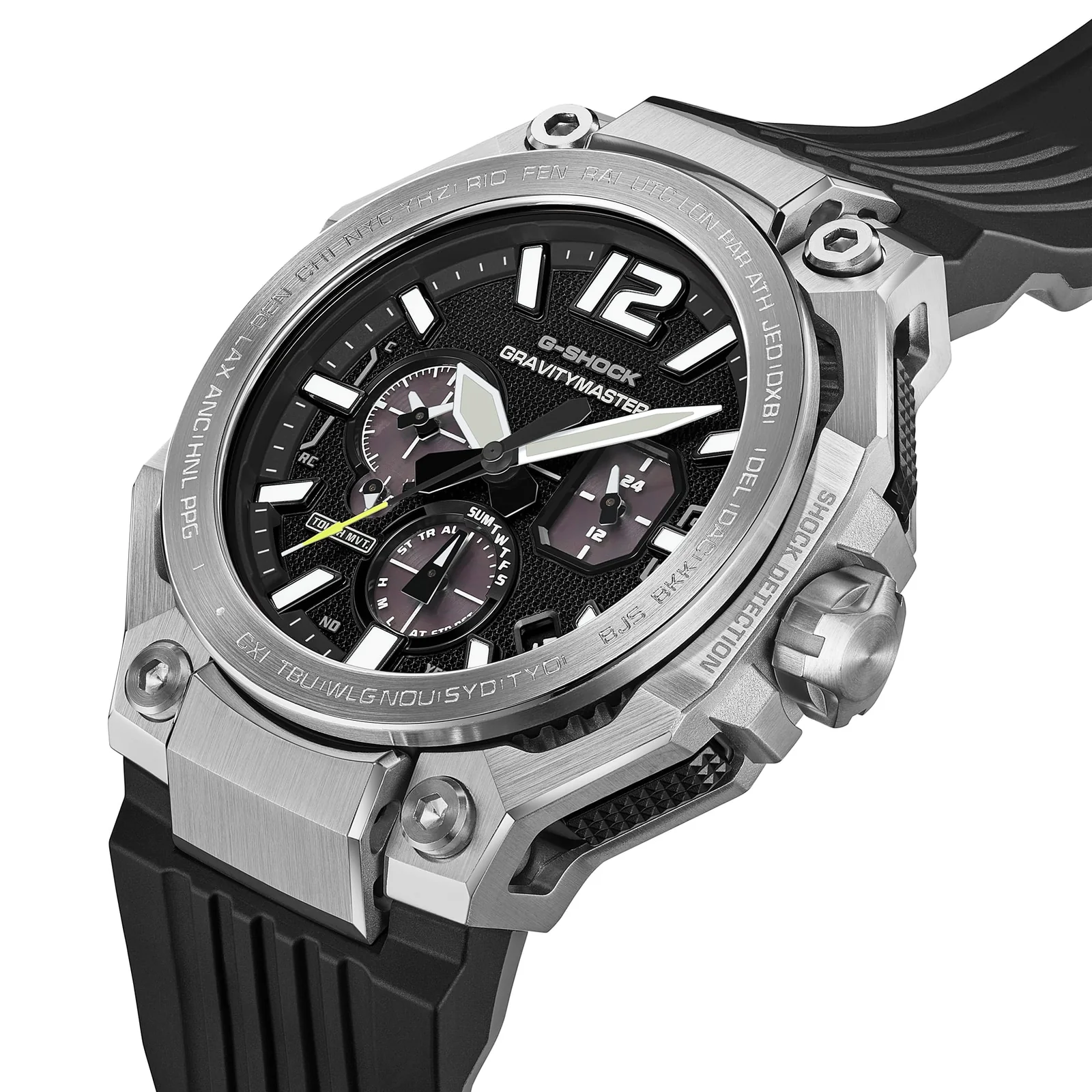 Auf dem schwarzen Zifferblatt der Armbanduhr GWR-B3000-1AER von G-SHOCK sind Zeiger und Indizes Weiß hervorgehoben