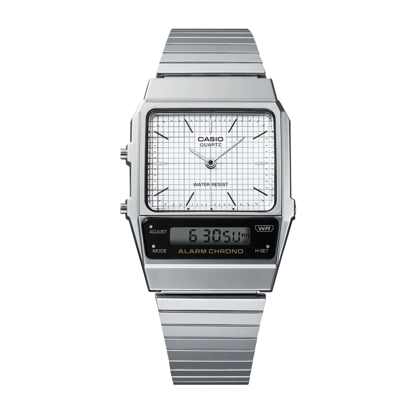 Lünette und Armband der CASIO VINTAGE COLLECTION Armbanduhr AQ-800E-7A direkt von vorn.