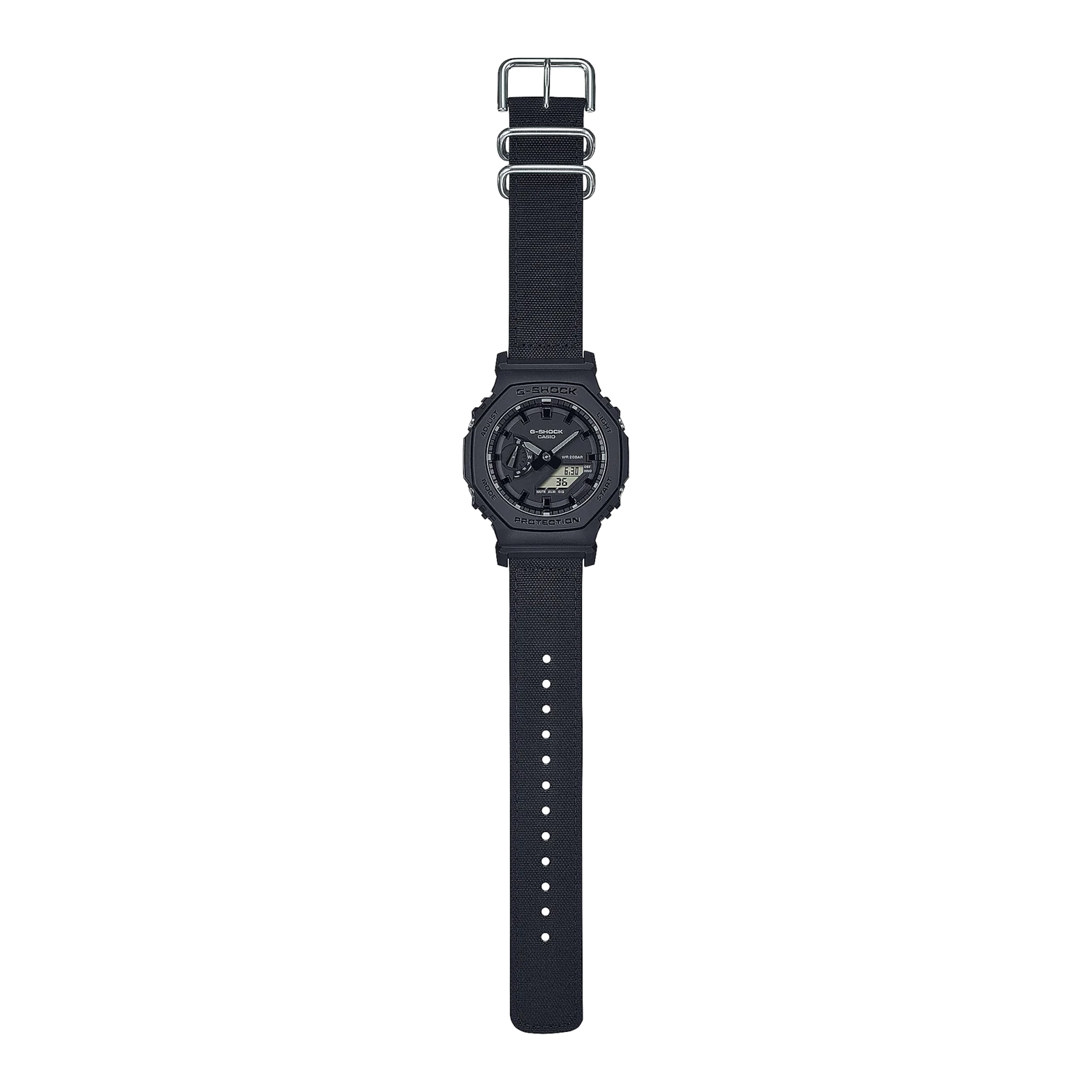 Komplettansicht der flach liegenden G-SHOCK Armbanduhr GA-2100BCE-1A.