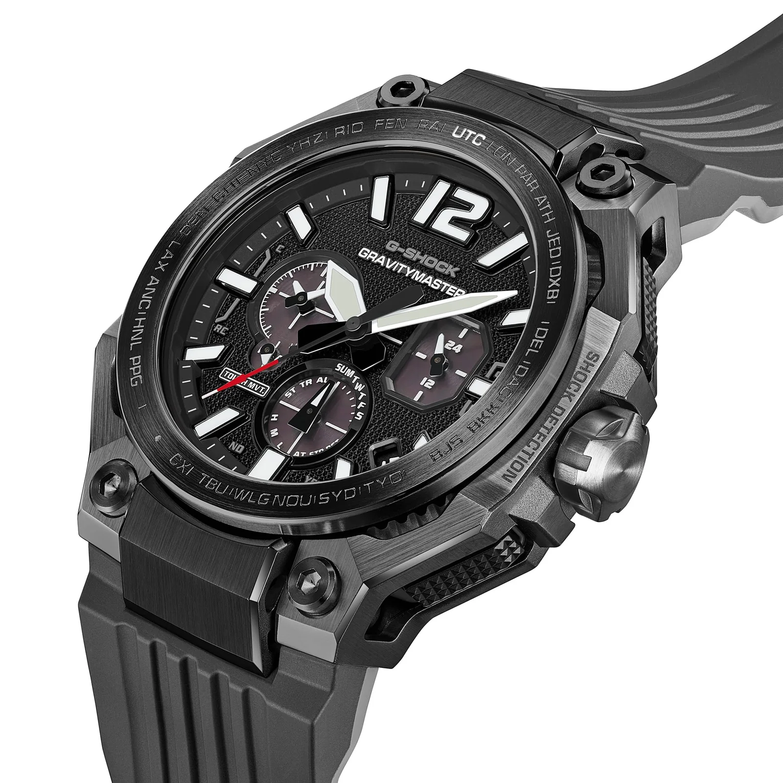 Zeiger und Indizes der Armbanduhr GWR-B3000B-8AER von G-SHOCK sind Weiß auf dem schwarzen Zifferblatt hervorgehoben