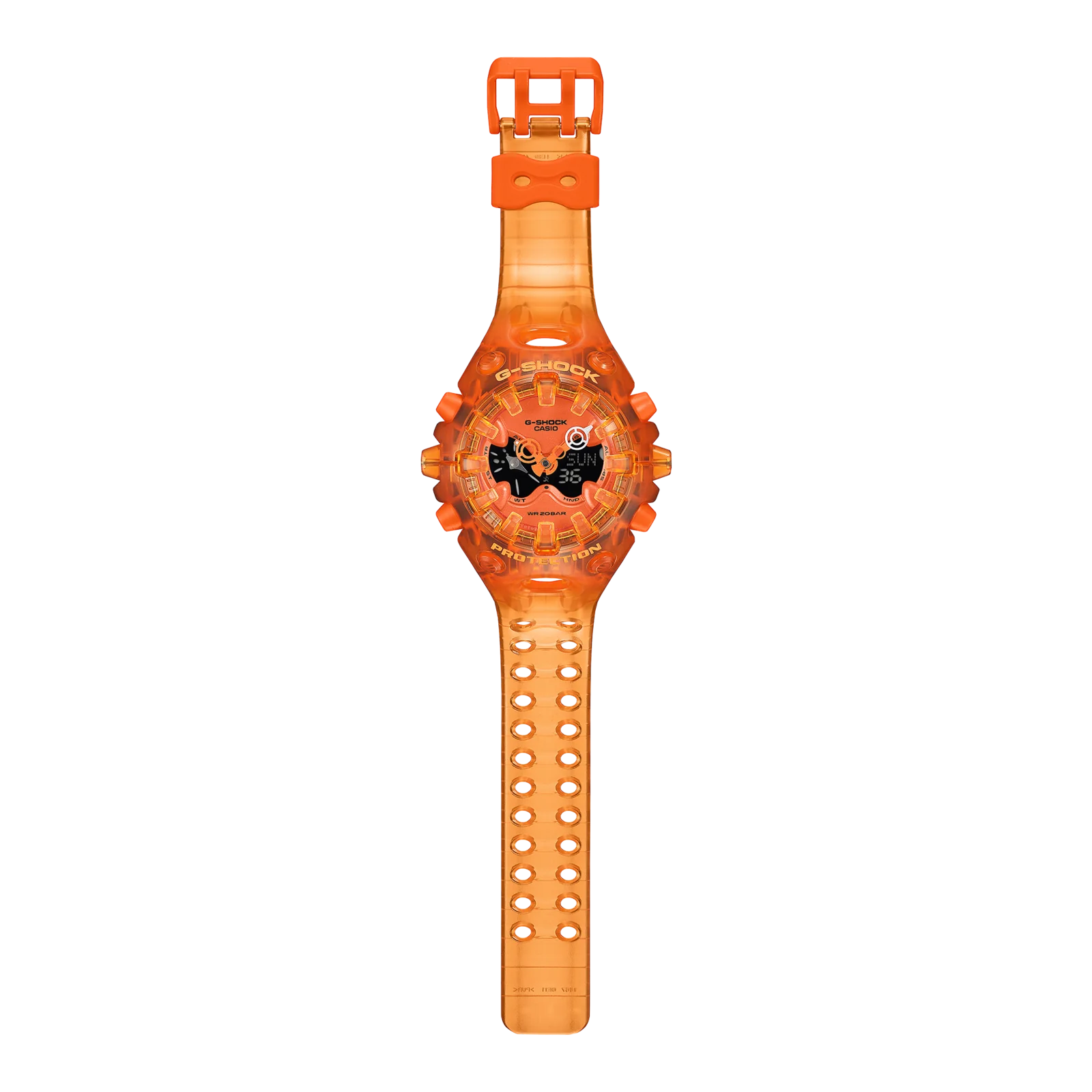 Gesamtansicht der halbtransparenten Armbanduhr von G-SHOCK GA-V01SKE-4AER mit zweireihigem Loch-Armband