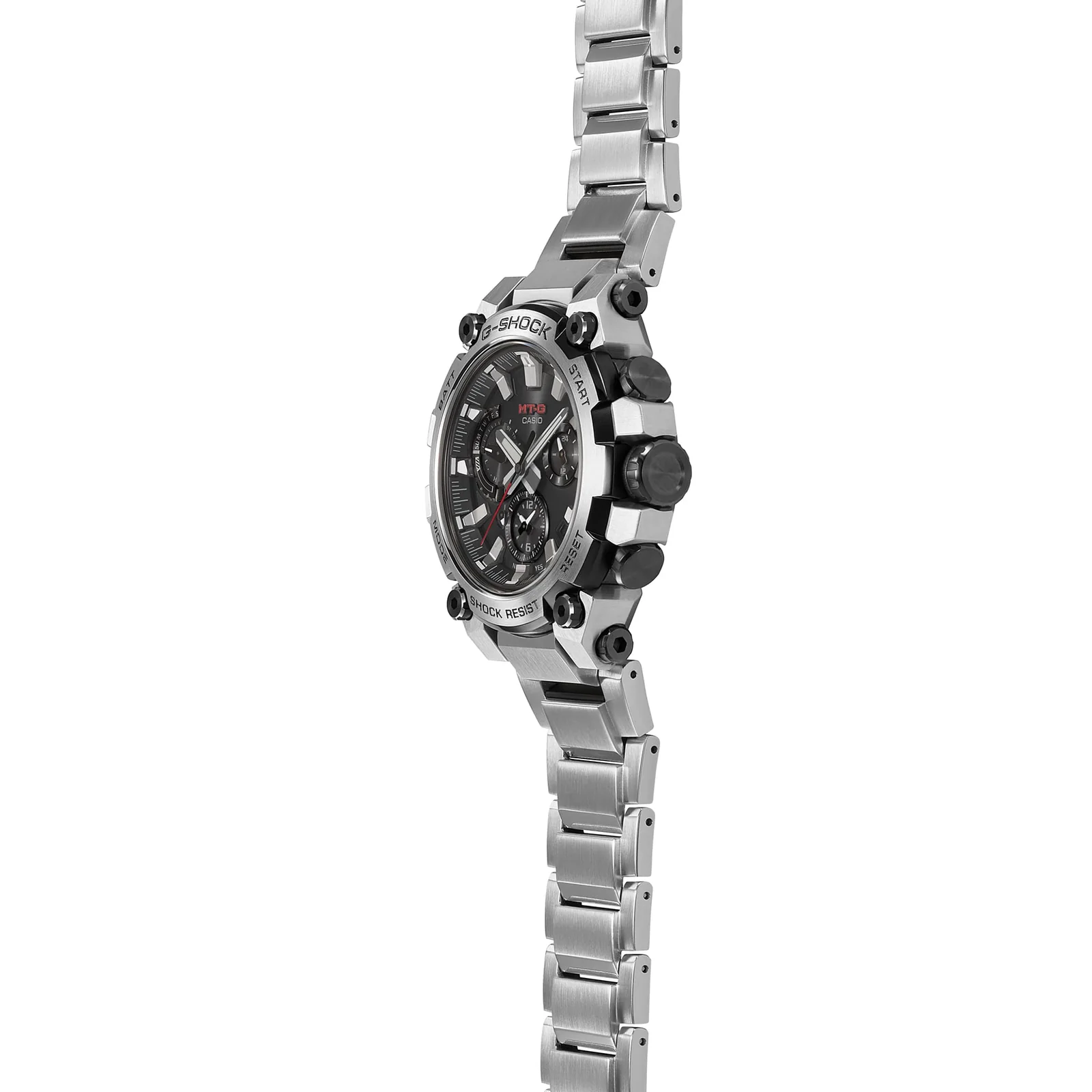 Die seitliche Ansicht der G-SHOCK Armbanduhr MTG-B3000D-1A zeigt die schwarzen Bedientasten rechts außen am Gehäuse.