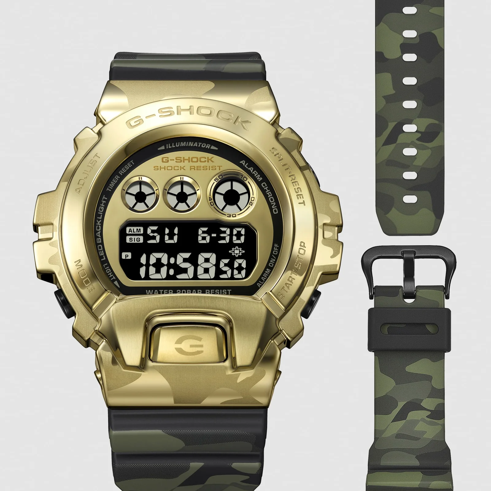 Sowohl auf dem Gehäuse, als auch auf dem Armband der GM-6900CMG-3ER ist das Camouflage Design zu sehen