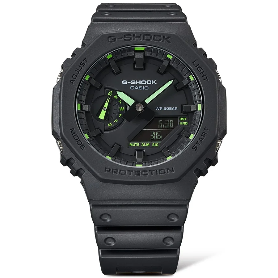 Gehäuse und Armband der G-SHOCK Armbanduhr GA-2100-1A3 direkt von vorn.