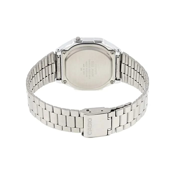 Rückansicht der CASIO VINTAGE COLLECTION Armbanduhr A168WEM-1 mit Armband und Verschluss.