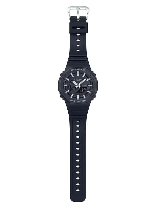 Draufsicht auf die GA-2100-1A Analog-Digitaluhr mit schwarzem Resinband und Metallschließe