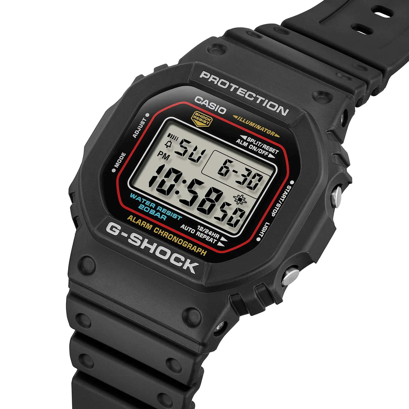 Seitliche Ansicht von G-SHOCK Armbanduhr DW-5600RL-1 zeigt die Bedienknöpfe außen am Gehäuse.