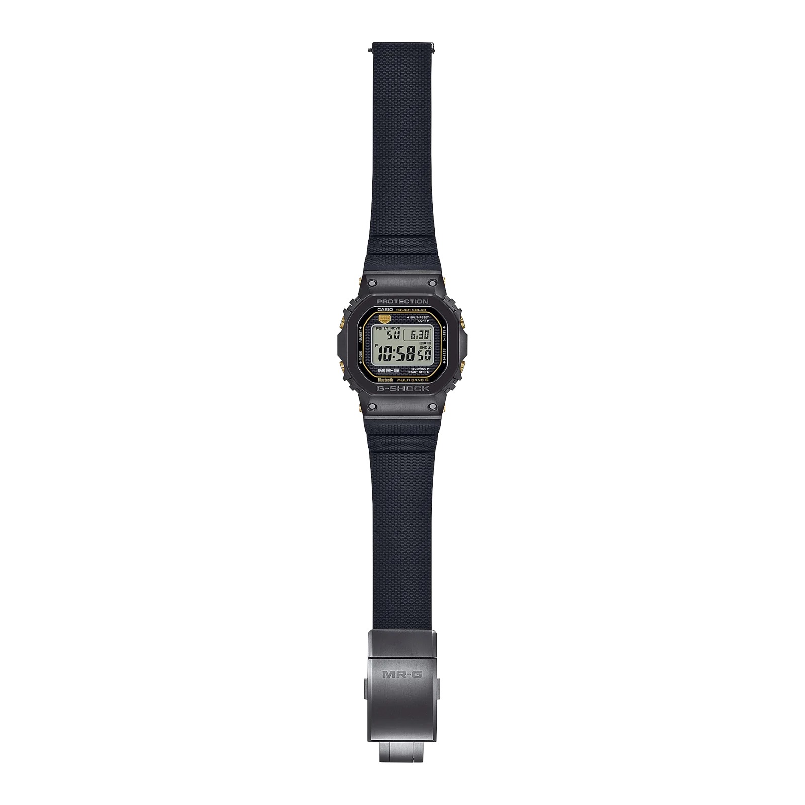 Komplettansicht der flach liegenden G-SHOCK Armbanduhr MRG-B5000R-1.