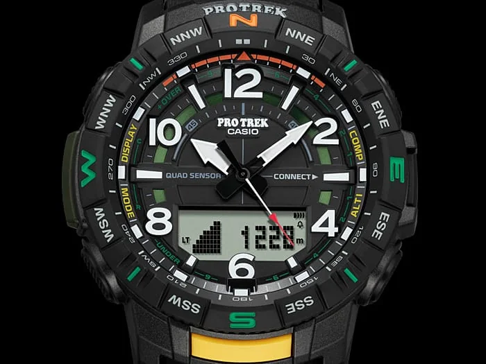 Nahaufnahme des digital-analogen Zifferblatts der PRO TREK Armbanduhr PRT-B50-1 in Schwarz zeigt die Höhe an.