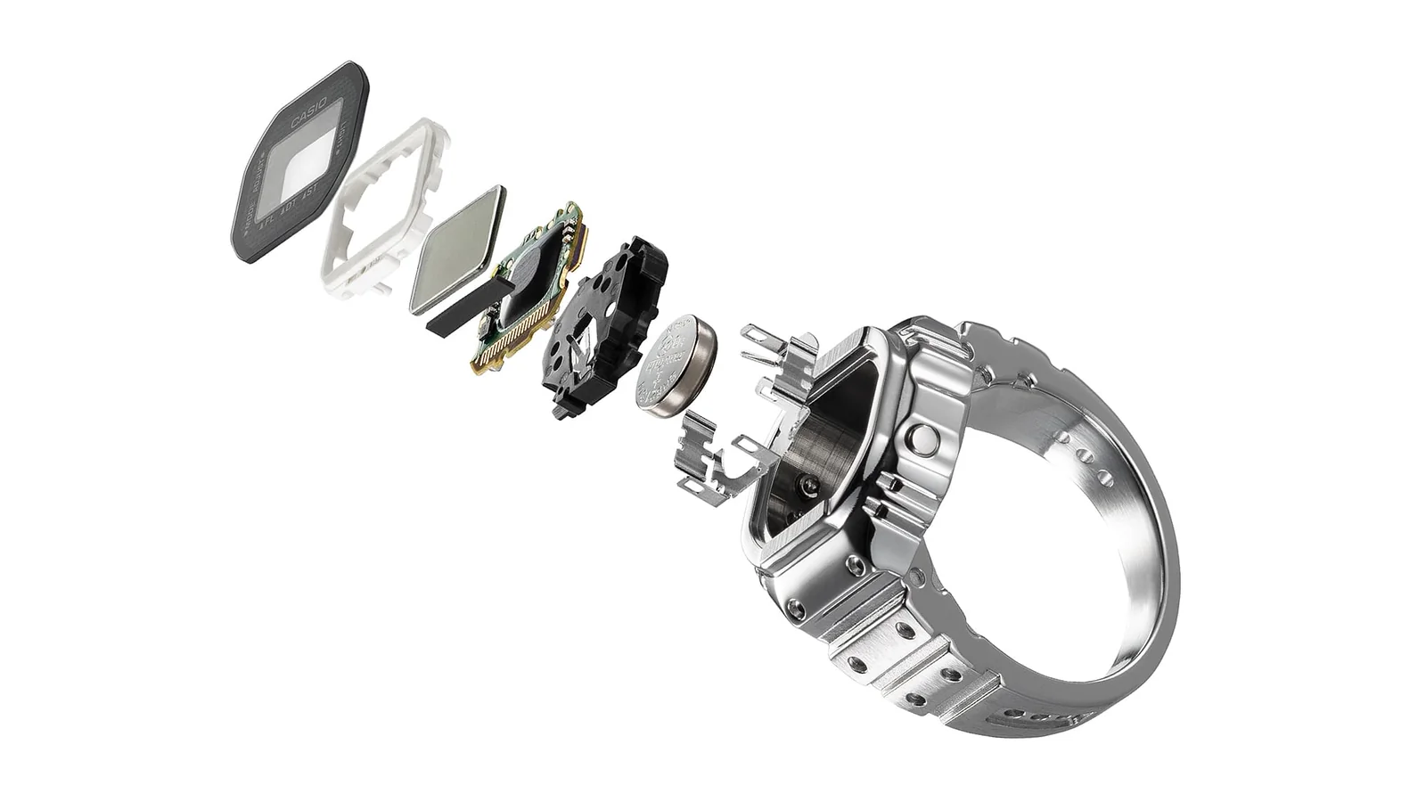 Einzelbestandteile der CASIO Ring Watch voreinander platziert