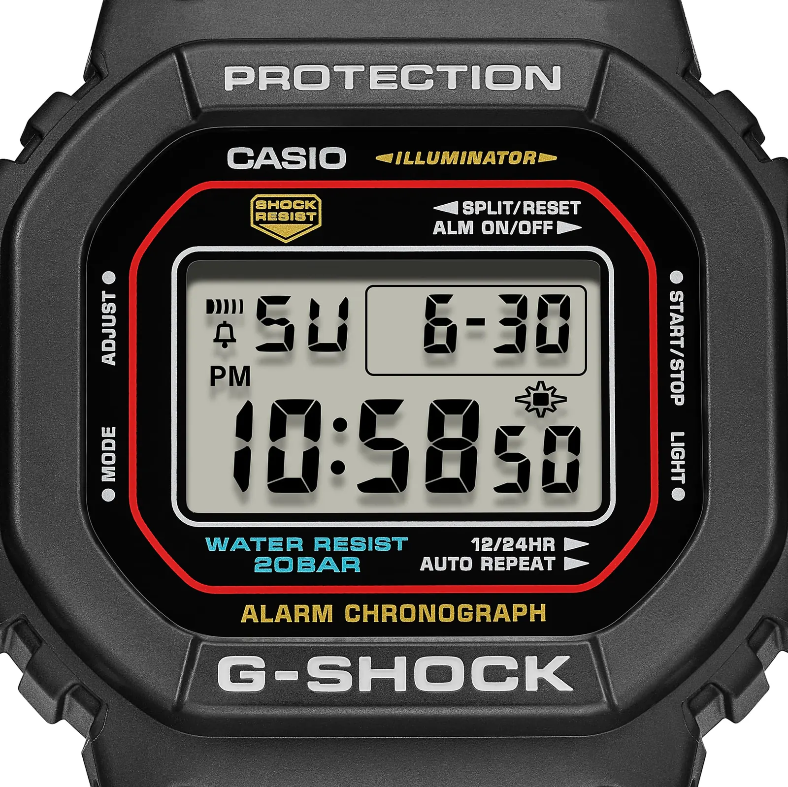 Nahaufnahme des digitalen Zifferblatts der G-SHOCK Armbanduhr DW-5600RL-1 in Schwarz mit weißer, gelber und türkisfarbener Beschriftung.