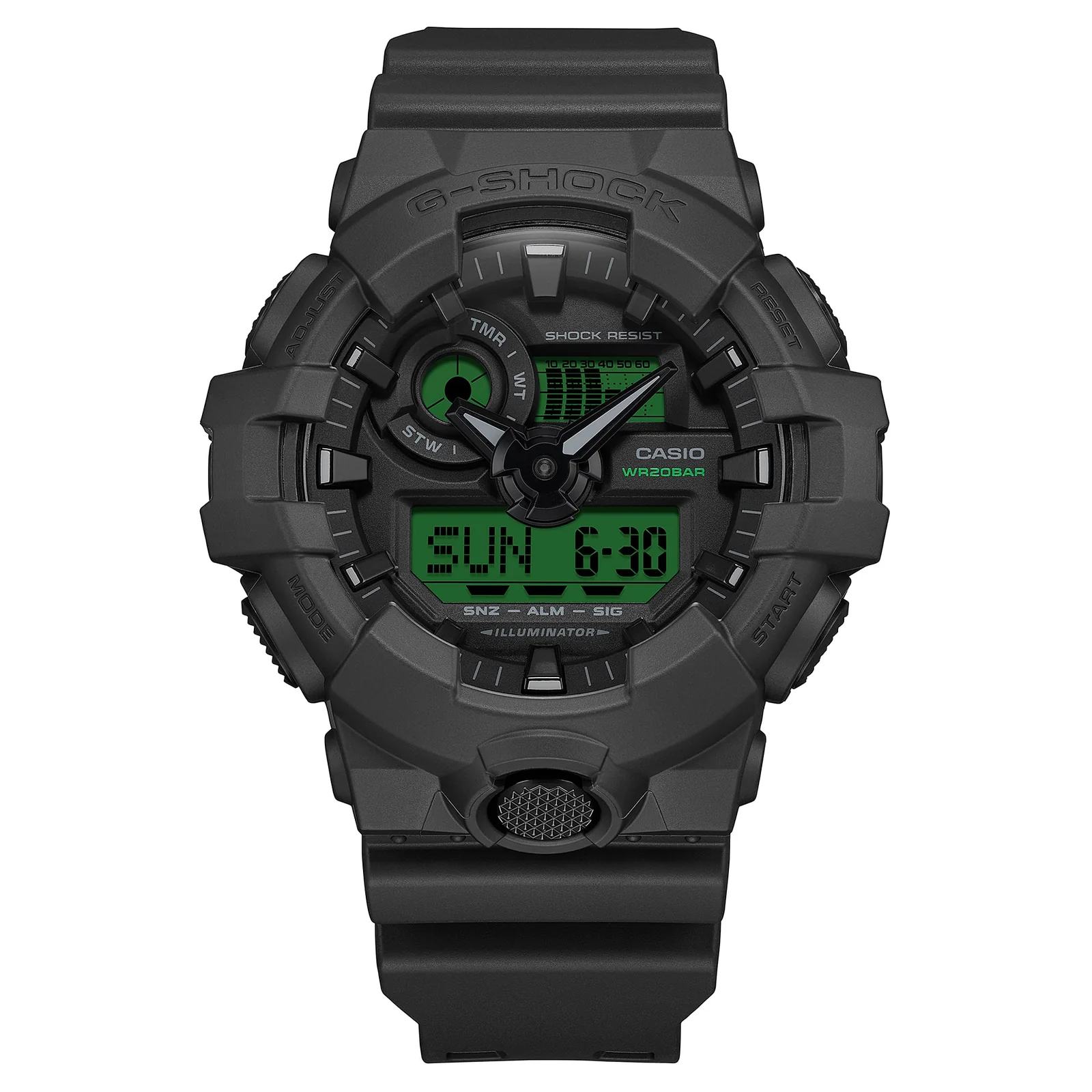 Die G-SHOCK Armbanduhr GA-700BEG-1AER ist mit dem typisch markanten Gehäuse der GA-700-Serie ausgestattet