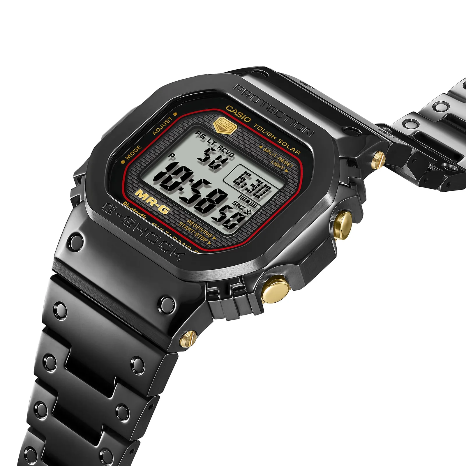 Seitliche Aufnahme der MRG-B5000B-1 mit Blick auf die goldenen Kronen und das Gliederarmband