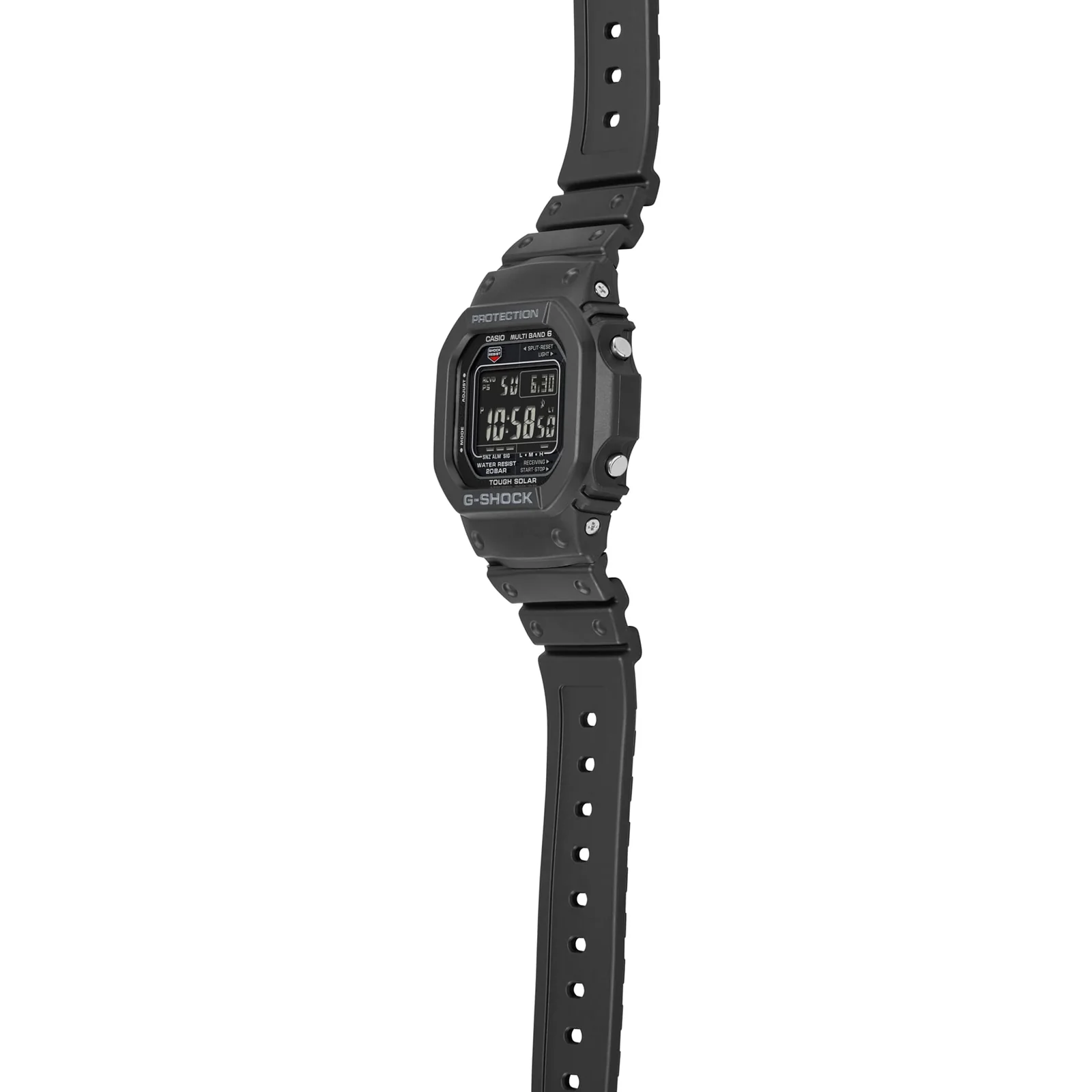 Die seitliche Ansicht der G-SHOCK Armbanduhr GW-M5610U-1B zeigt die silberfarbenen Bedienknöpfe rechts außen am Gehäuse.