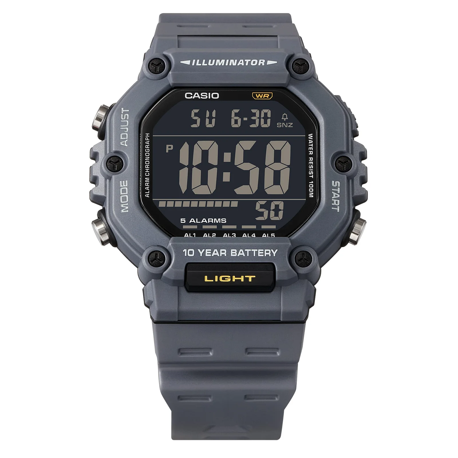 AE-1600H-8BV Digitaluhr mit grauem Resinband und schwarzen Schrauben am Gehäuse
