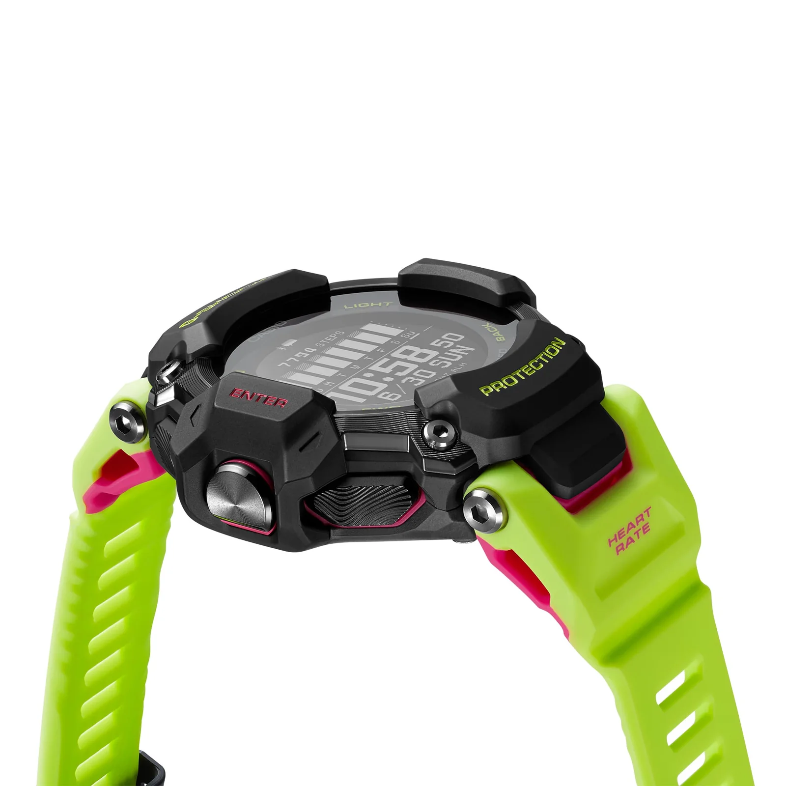 Seitliche Ansicht der Sportuhr GBD-H2000-1A9 mit Blick auf die großen, seitlichen Display-Knöpfe und das robuste Rahmendesign