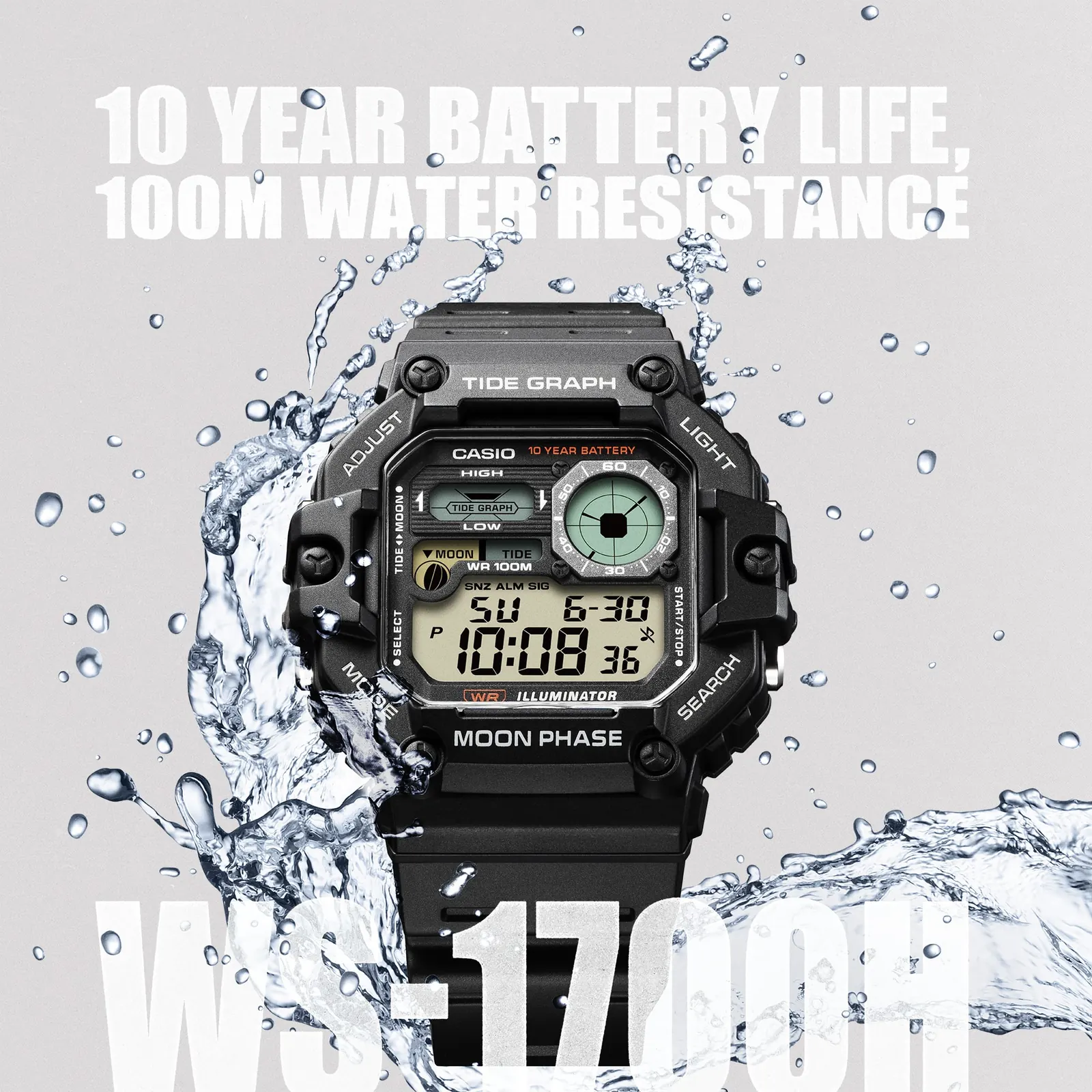Die CASIO TIMELESS COLLECTION Armbanduhr WS-1700H-1AV mit 10 Jahre Batterielebensdauer und Wasserbeständigkeit von bis zu 10 bar.