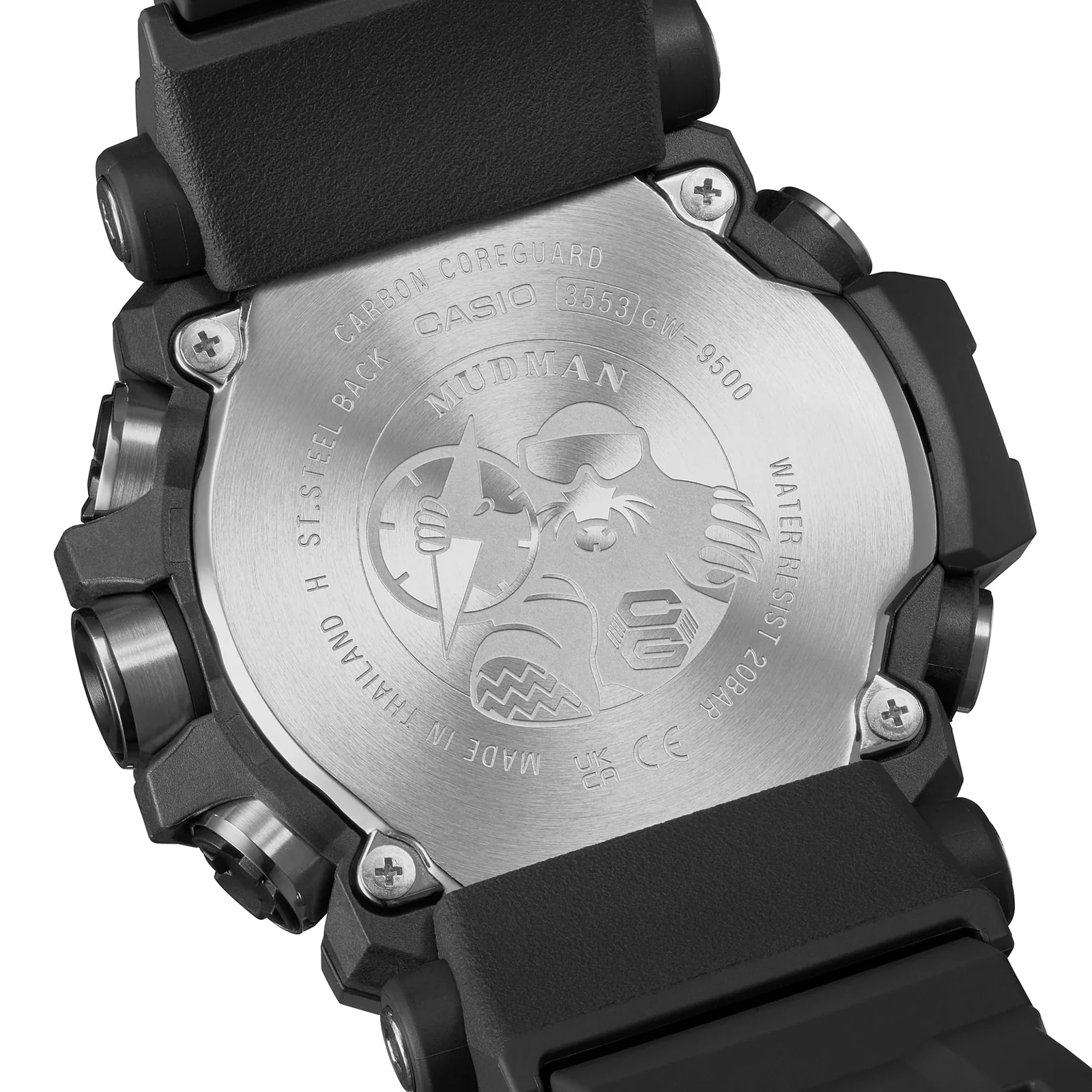 Nahaufnahme der Rückseite der G-SHOCK Armbanduhr GW-9500-1 mit dem Mudman Logo in der Gravur.