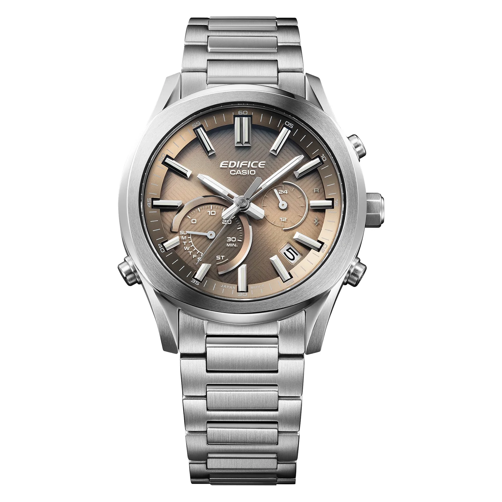 Frontansicht der analogen Armbanduhr EQB-1300D-5AEF von EDIFICE mit Tagesanzeige zwischen der 4- und 5-Uhr-Position auf dem Zifferblatt