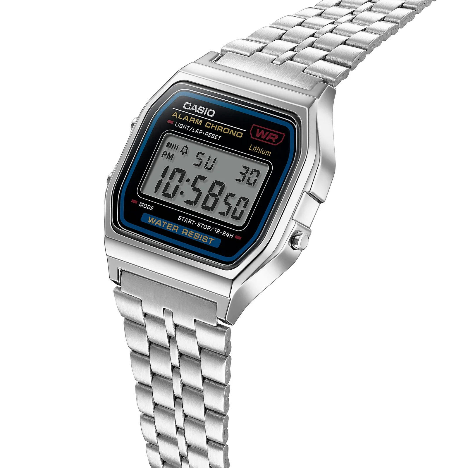 Leicht seitliche Ansicht der Armbanduhr A159WE-1EF mit achteckigem Gehäuse