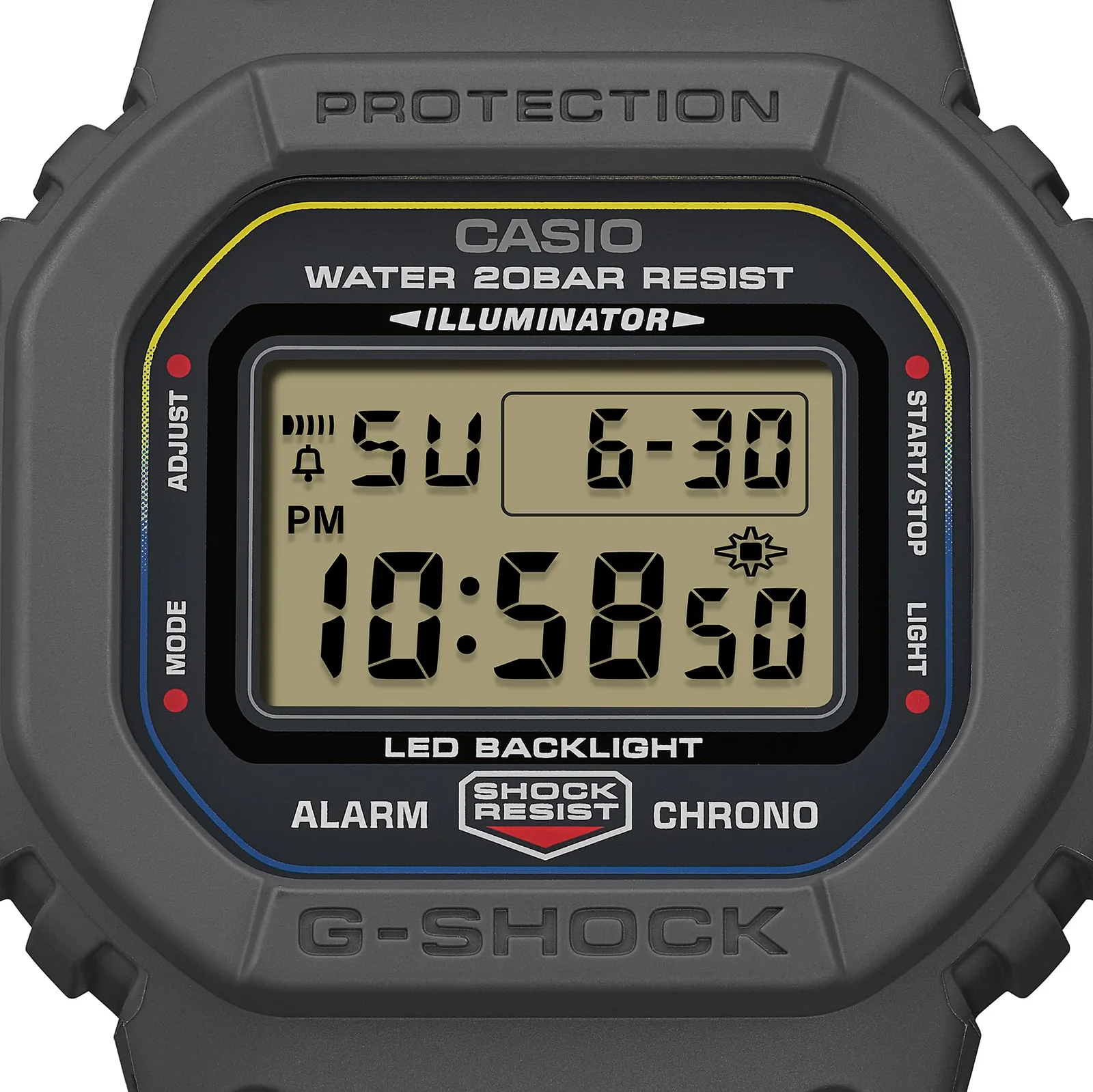 Nahaufnahme des digitalen Zifferblattes der DW-5600MNC-8A2ER von G-SHOCK mit grauem Gehäuse