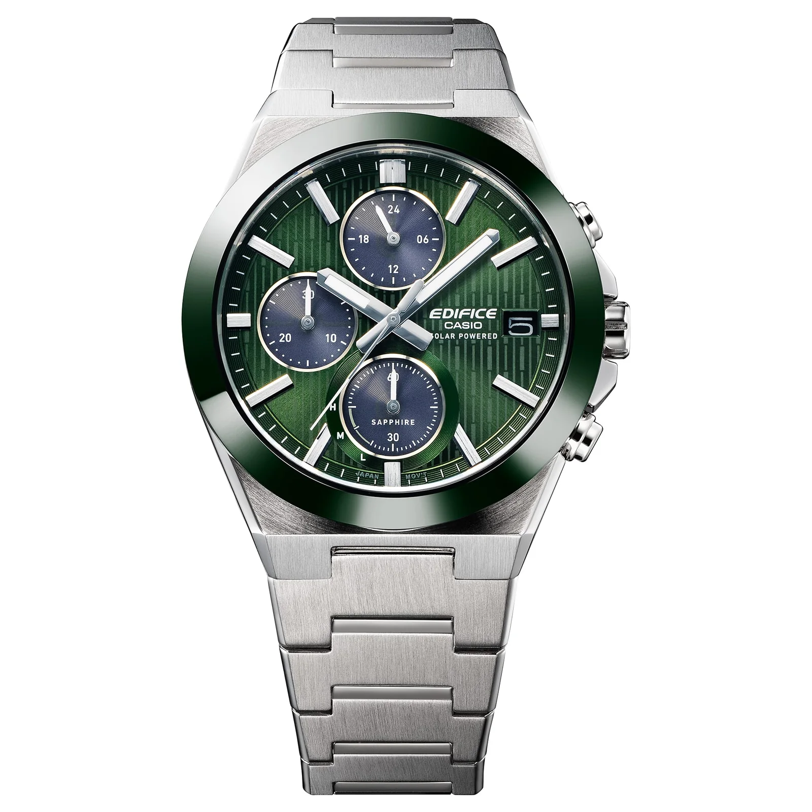 Frontansicht der EFS-S650D-3AEF mit grünem Zifferblatt und farblich abgesetzten Chronographen